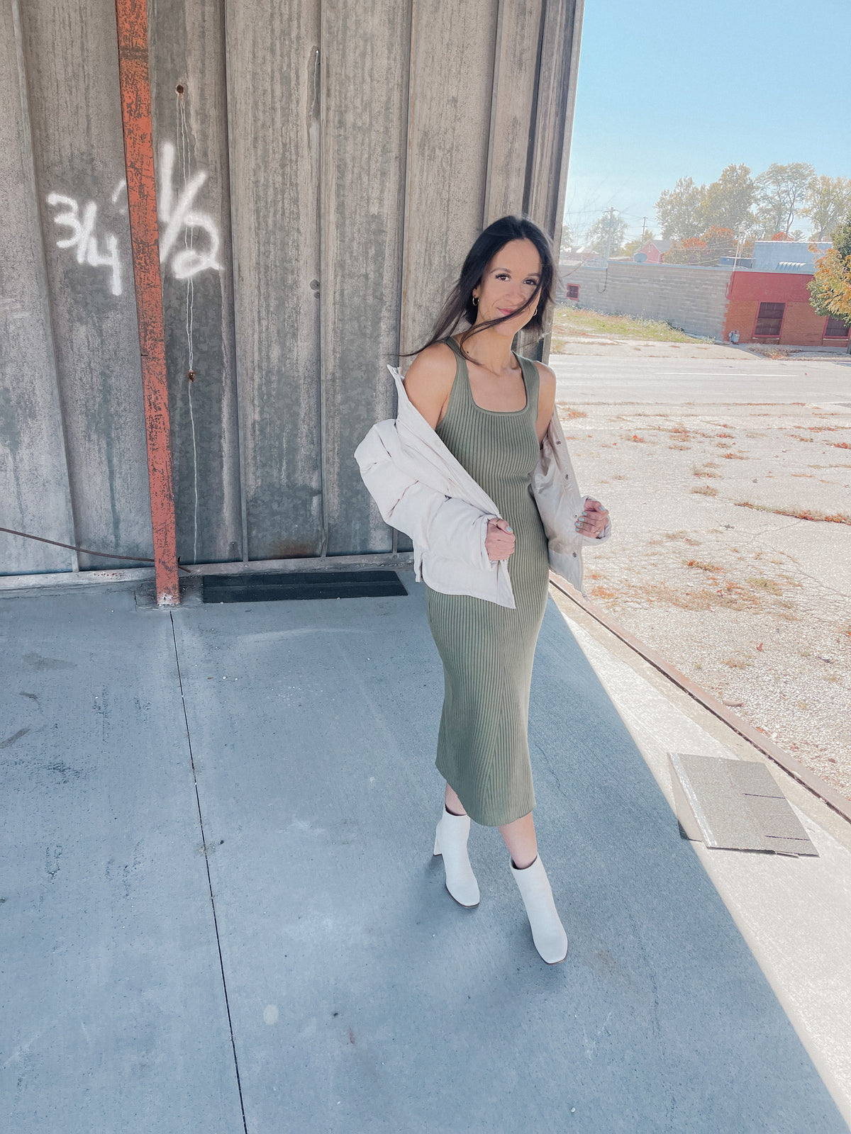 Melia Olive Ribbed Knit Dress