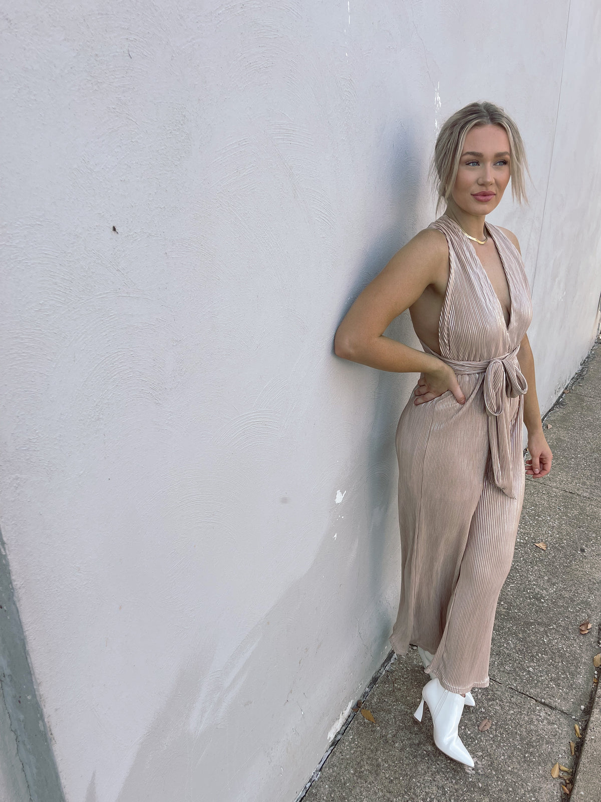 Wide Leg Foil Pleated Jumpsuit