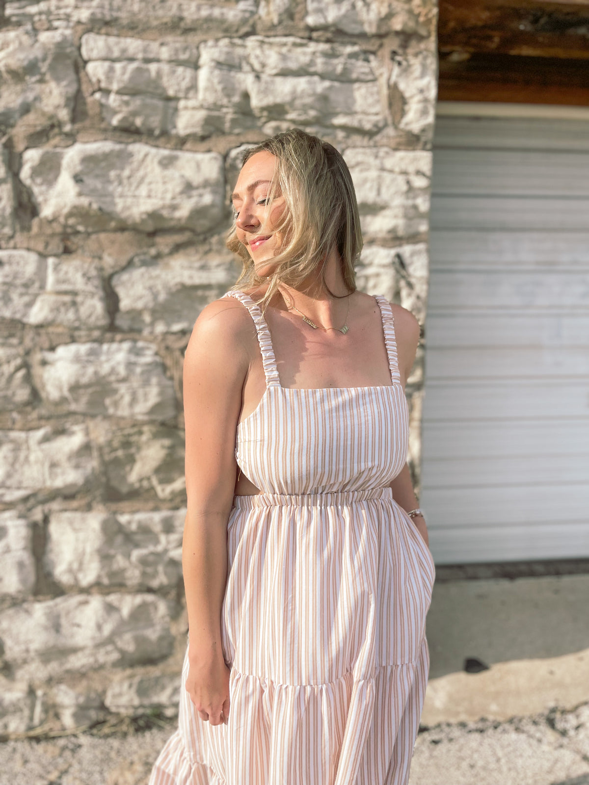 Tan Striped Open Back Maxi Dress