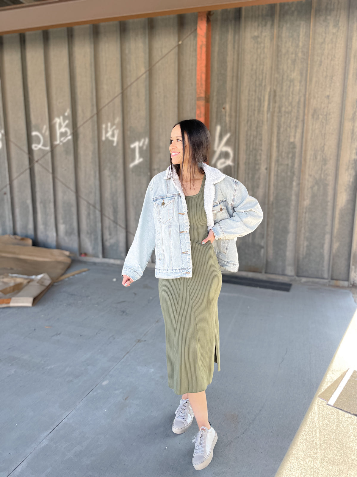 Melia Olive Ribbed Knit Dress