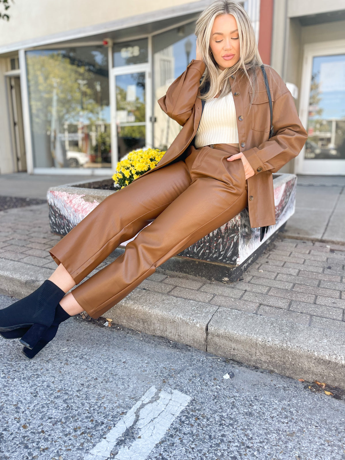 Camel Vegan Leather Cropped Pants