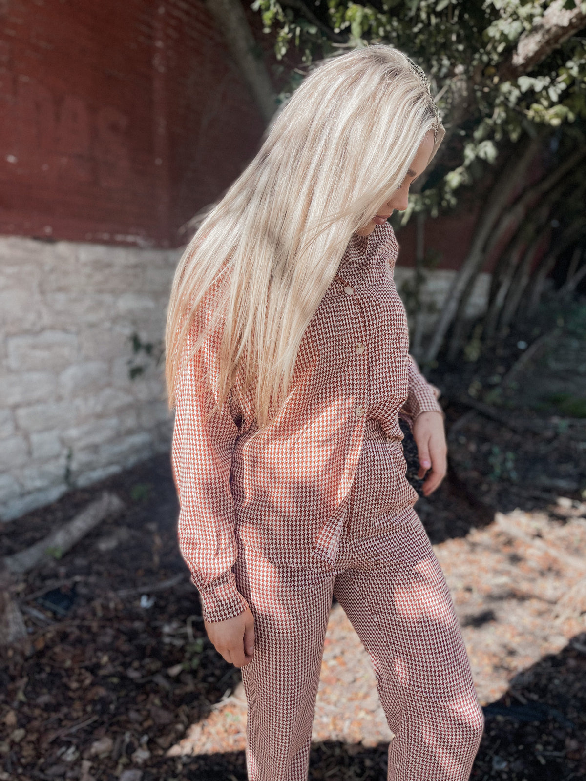 Rust Gingham Print Button Up Top