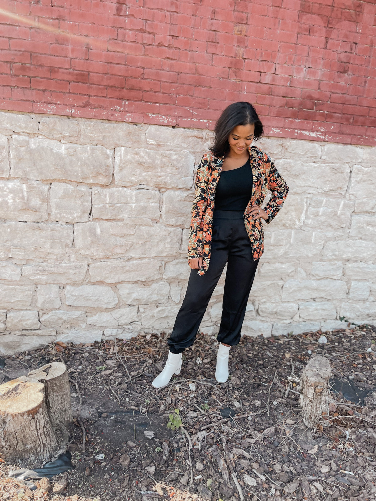 Floral Print Blazer with Waist Tie