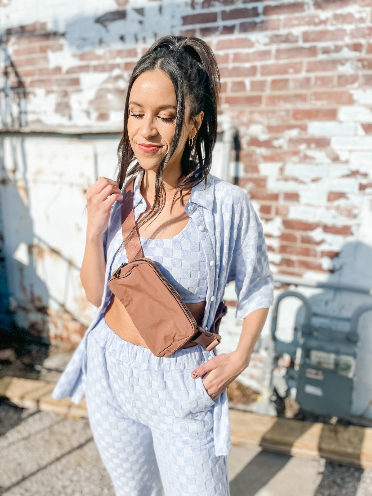 Baby Blue Textured Checked Pants