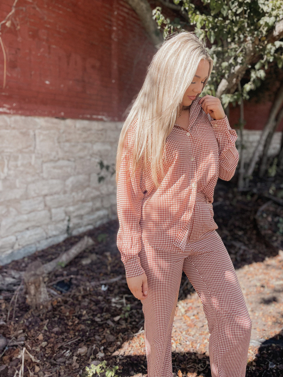 Rust Gingham Print Button Up Top