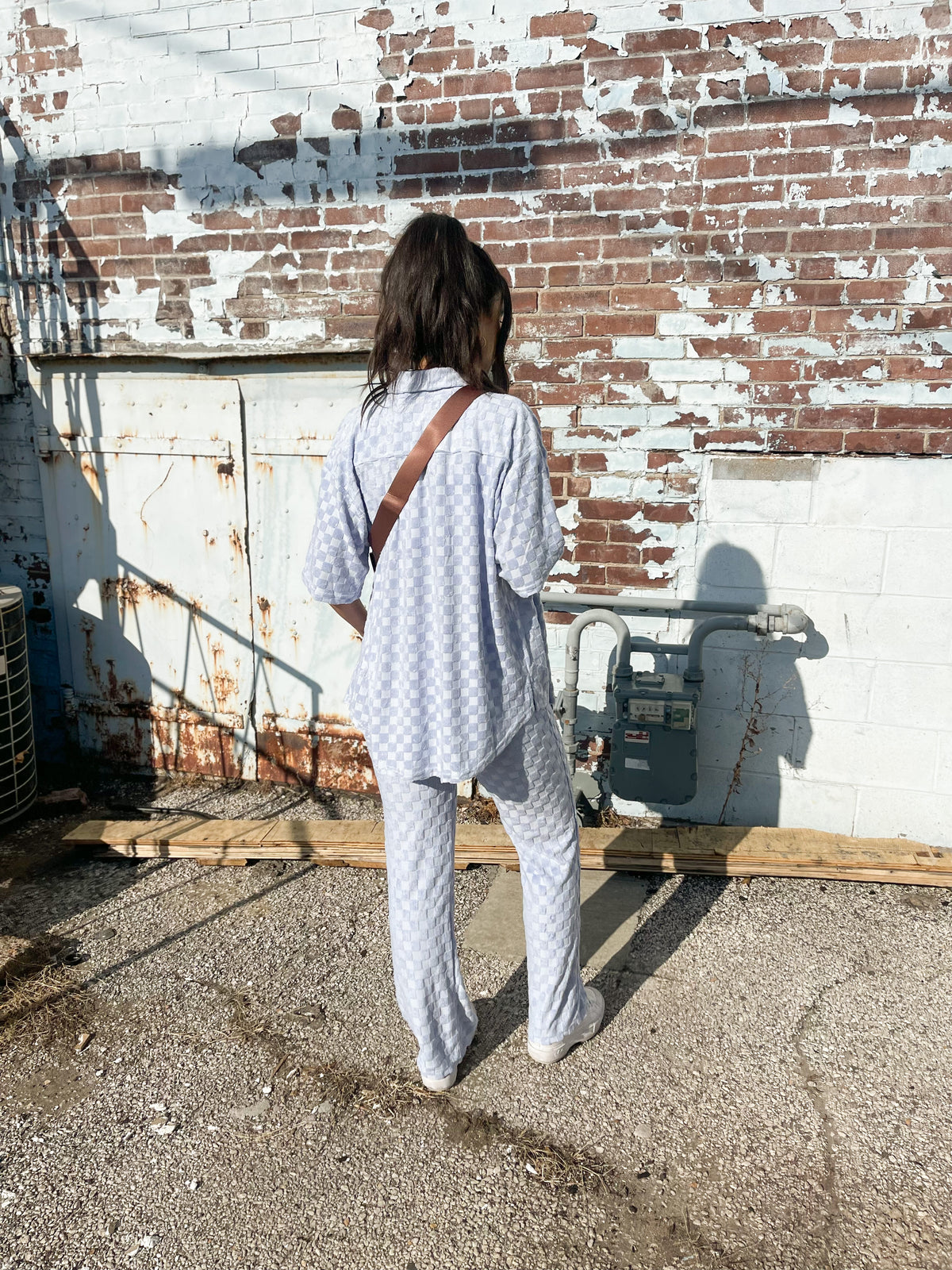 Baby Blue Textured Checked Pants