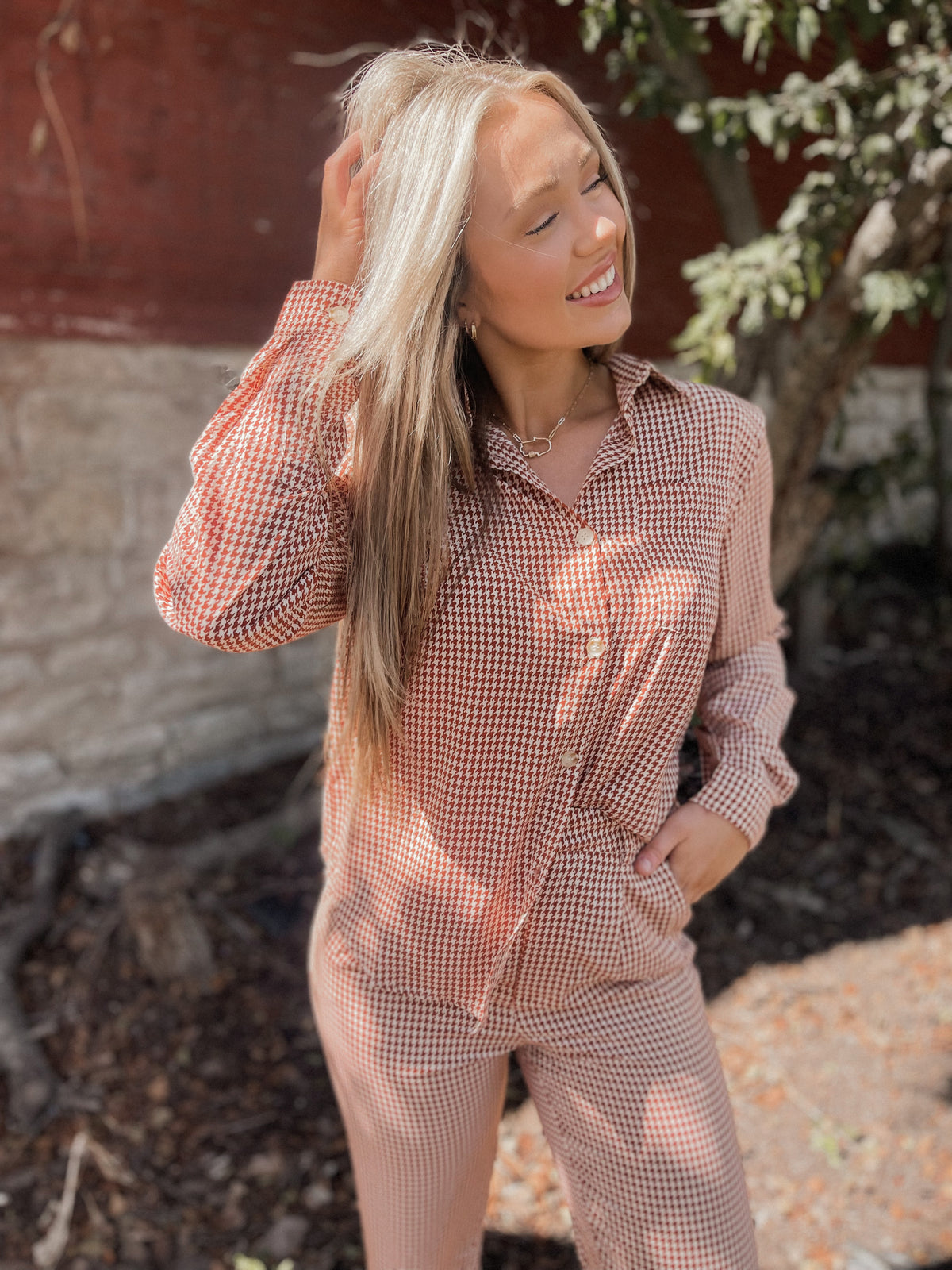 Rust Gingham Print Button Up Top