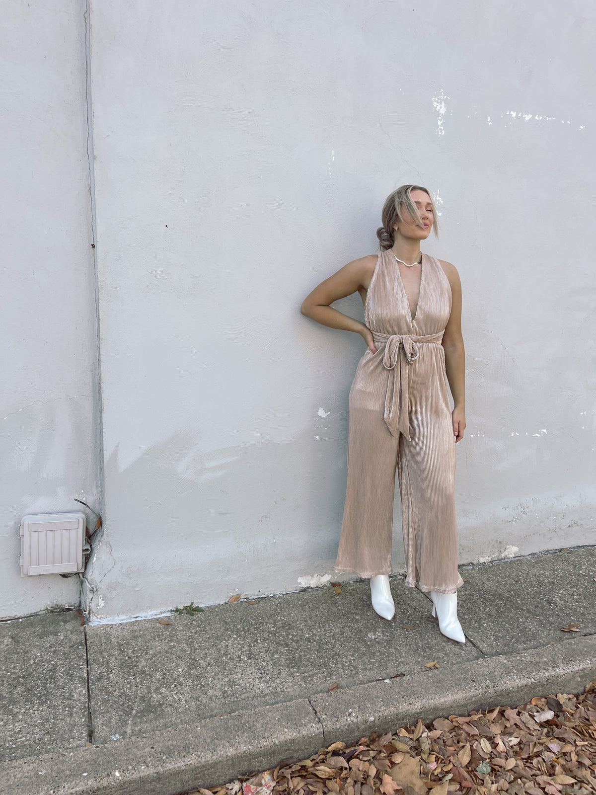 Wide Leg Foil Pleated Jumpsuit