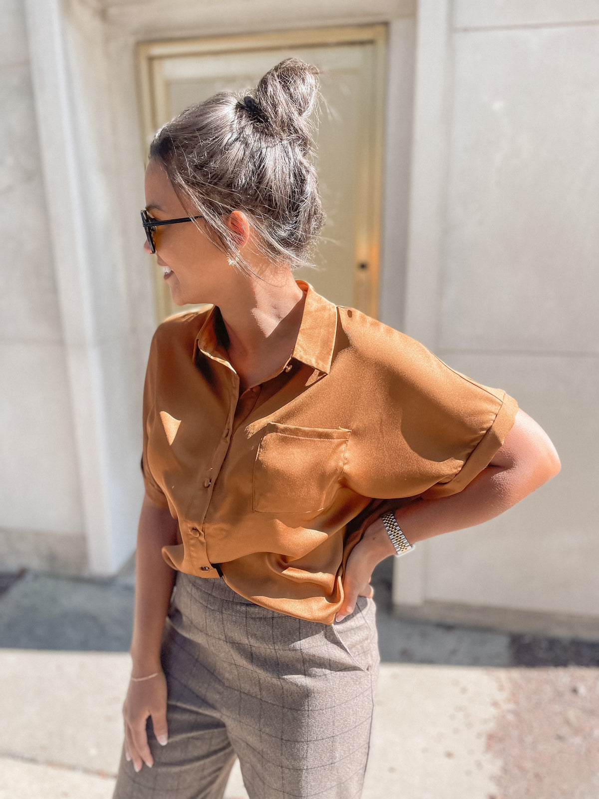 Satin Boxy Cut Short Sleeve Blouse