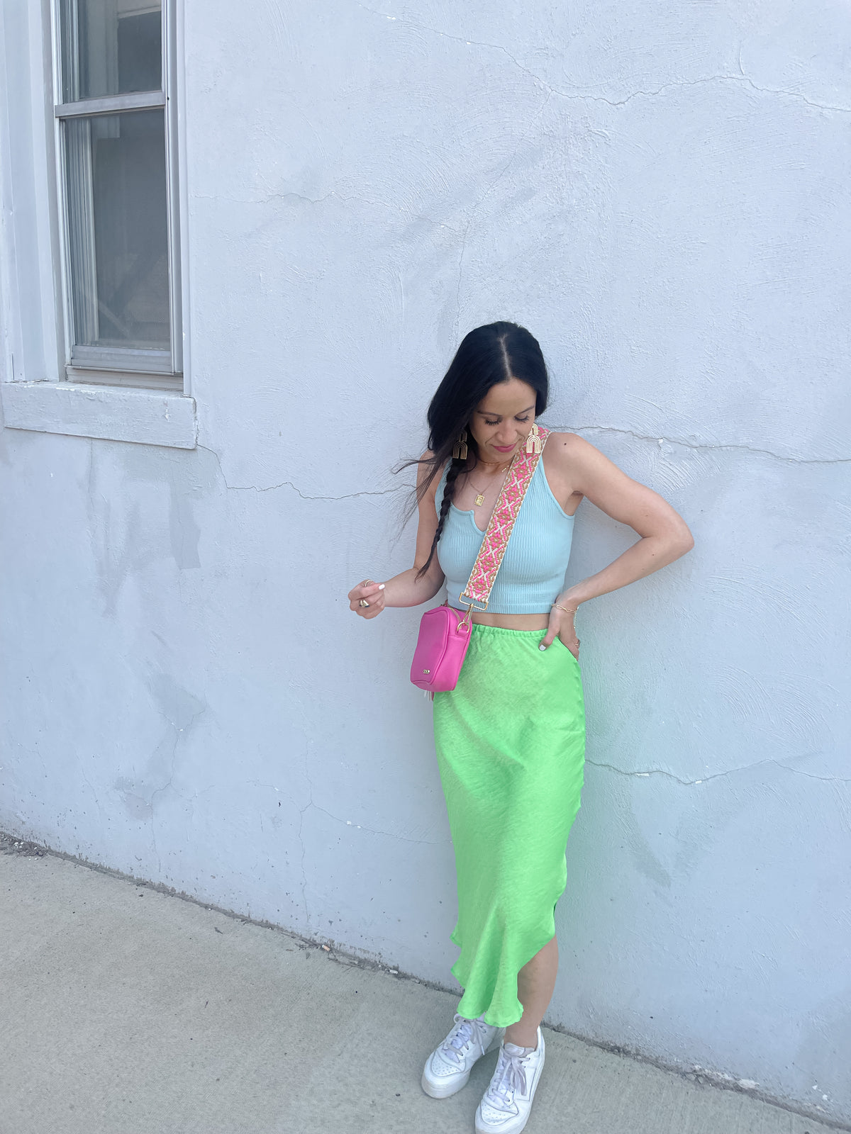 Neon Green Satin Midi Skirt