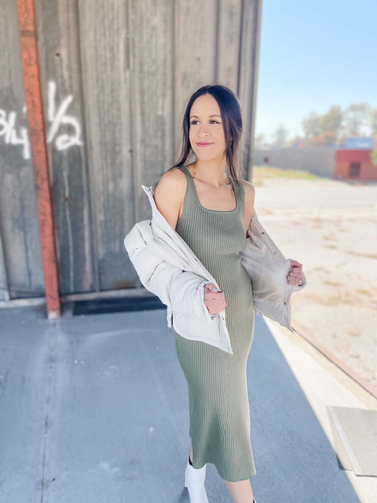 Melia Olive Ribbed Knit Dress