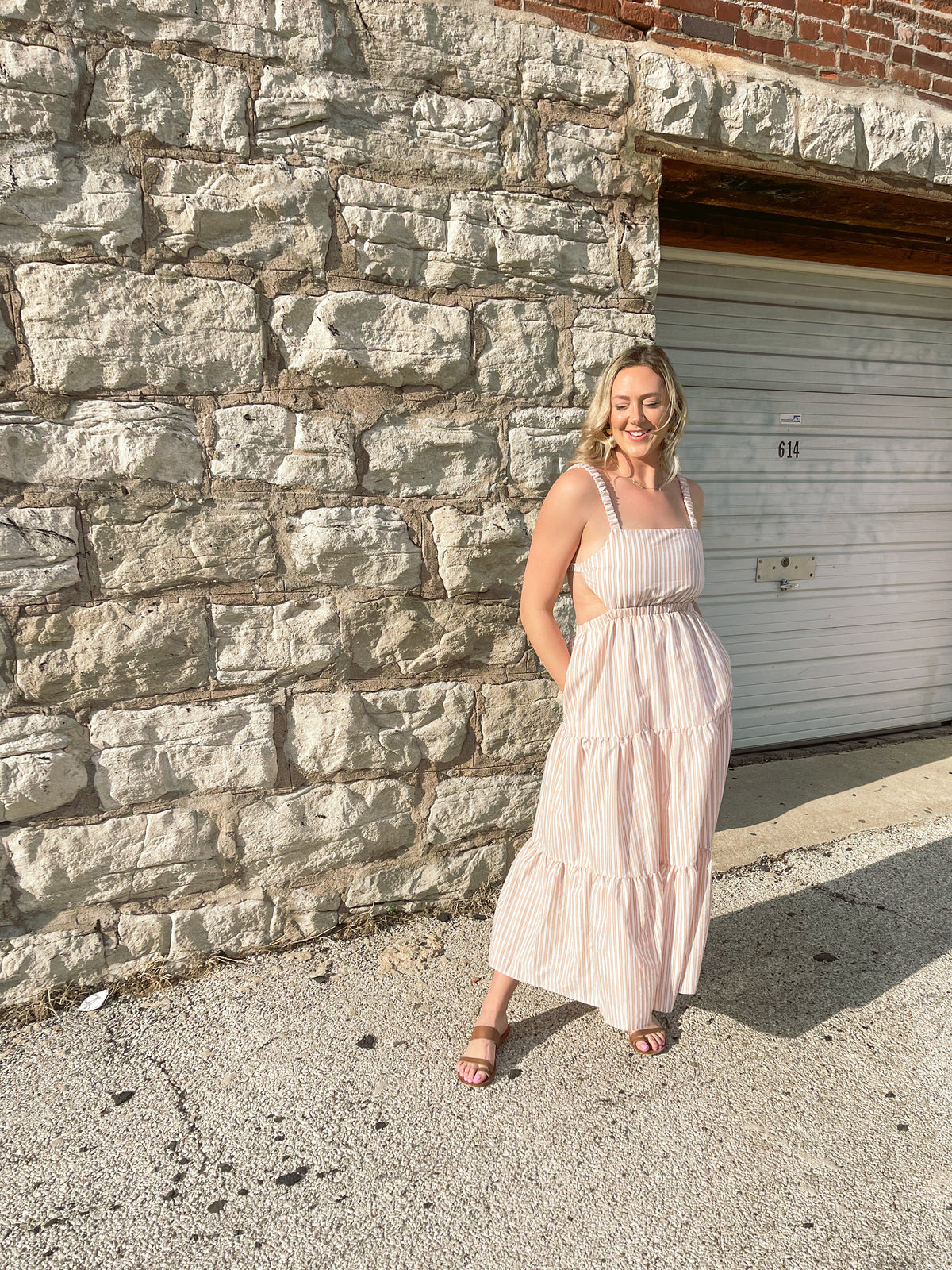 Tan Striped Open Back Maxi Dress