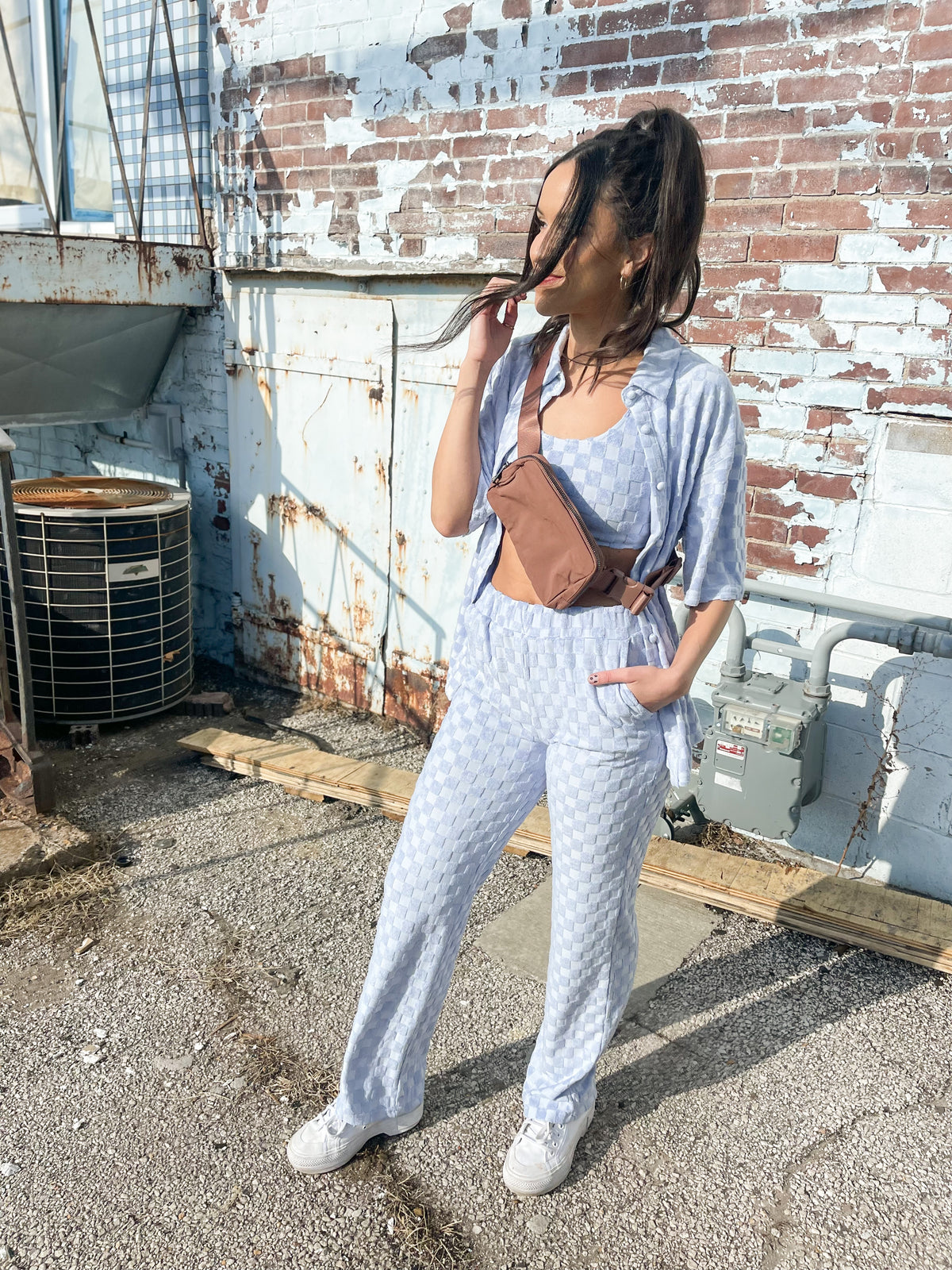 Baby Blue Textured Checked Pants