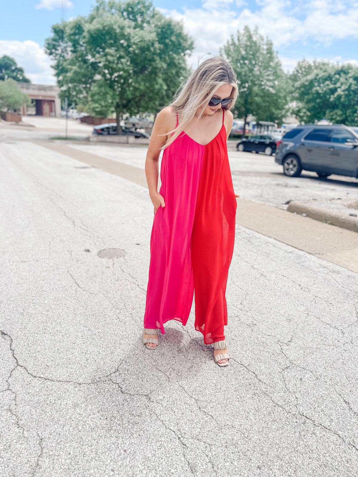 Red & Pink Chiffon Jumpsuit