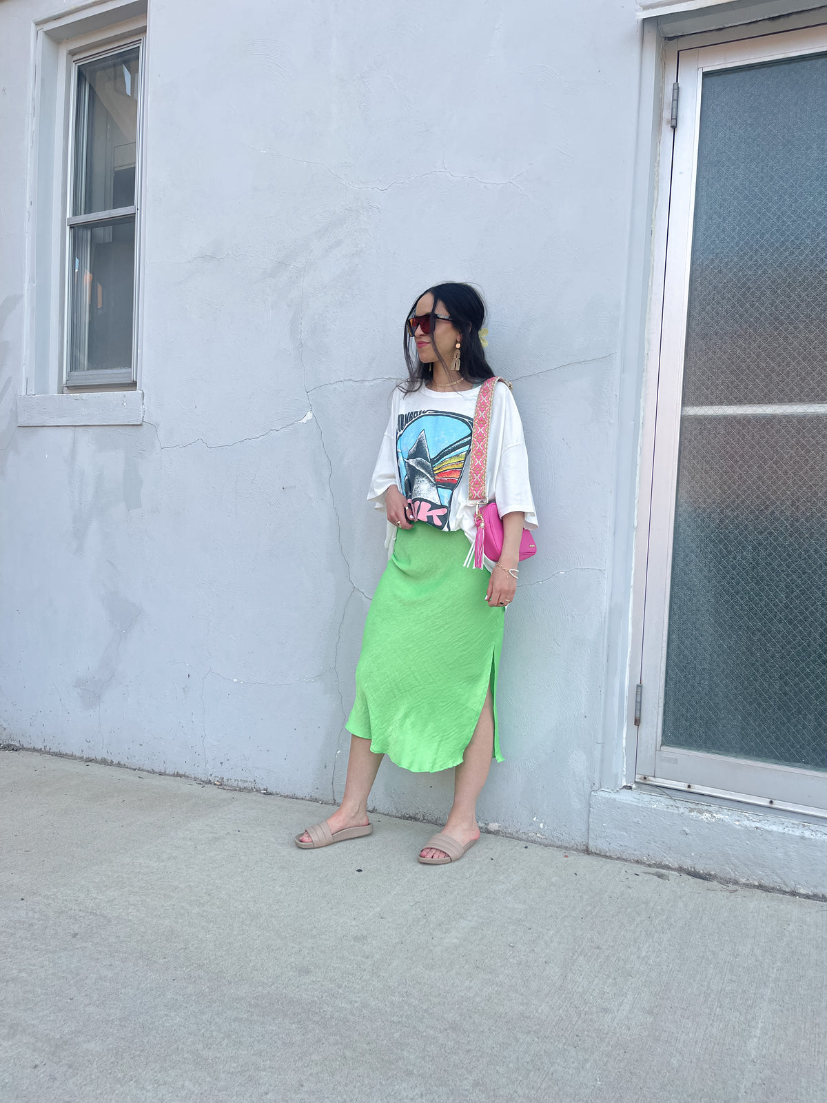 Neon Green Satin Midi Skirt