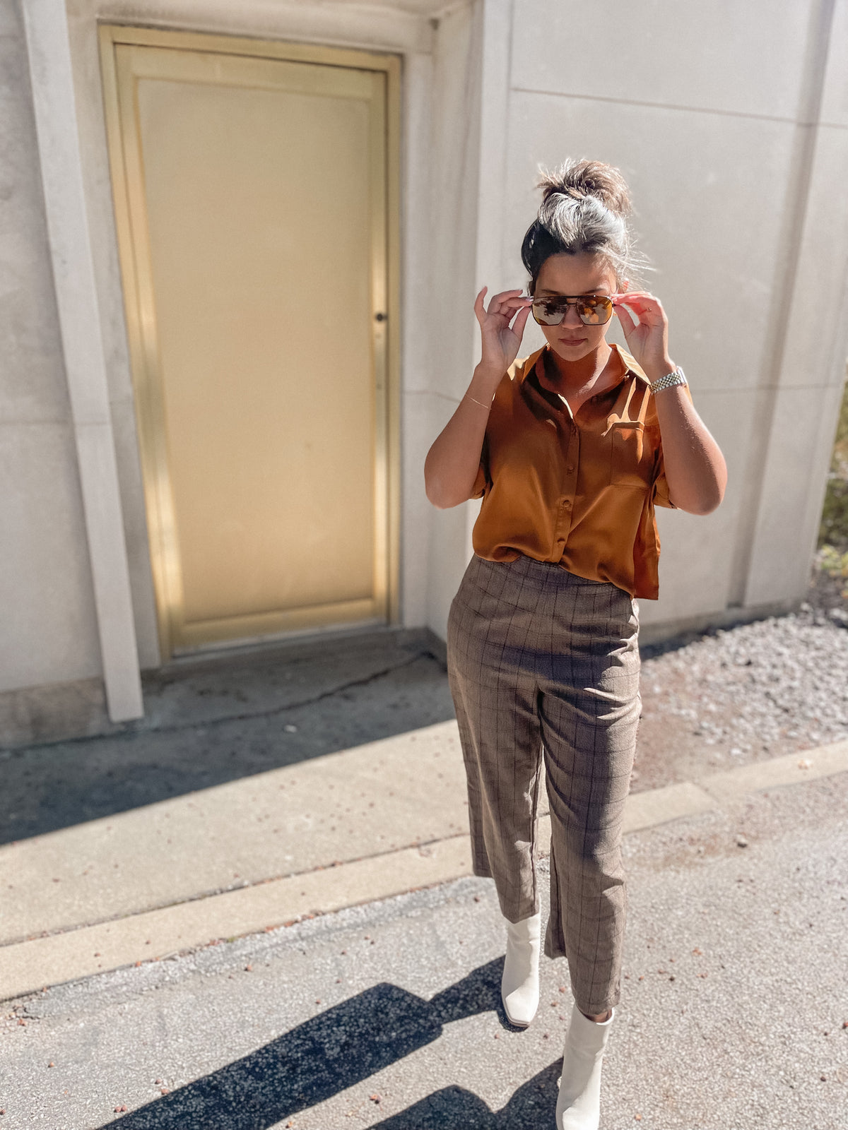 Brown Plaid Cropped Pants