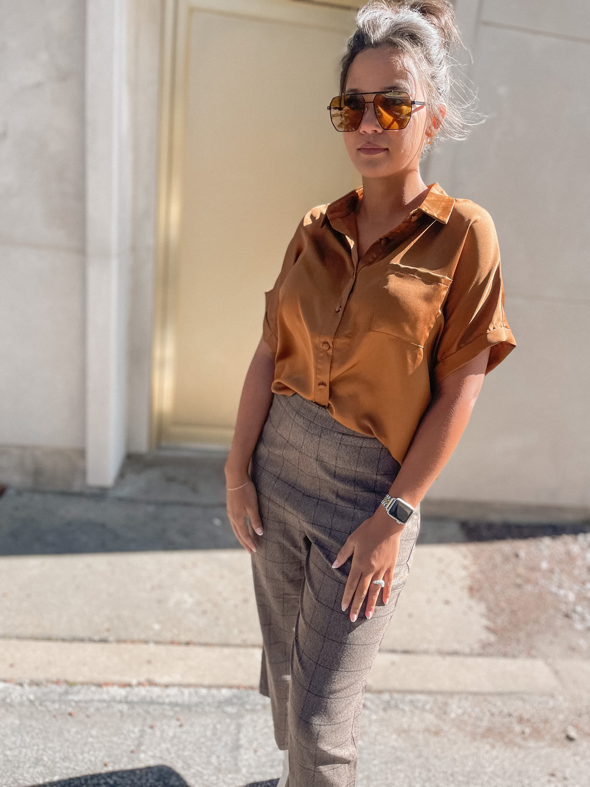 Brown Plaid Cropped Pants