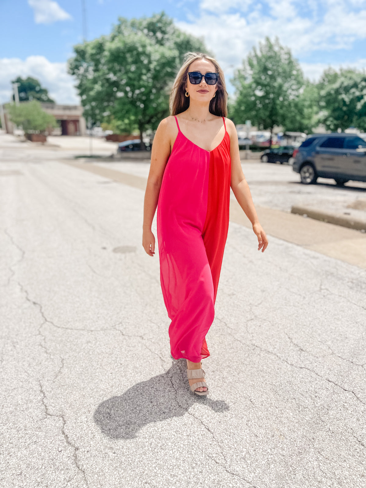 Red & Pink Chiffon Jumpsuit