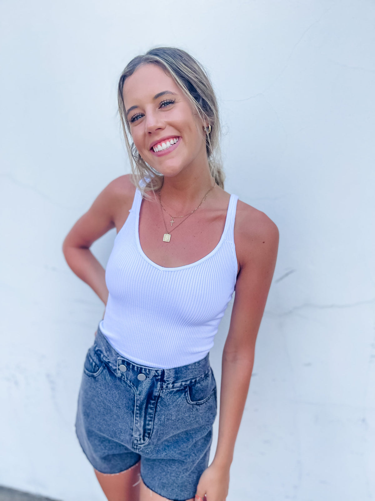 White V-Neck Ribbed Brami