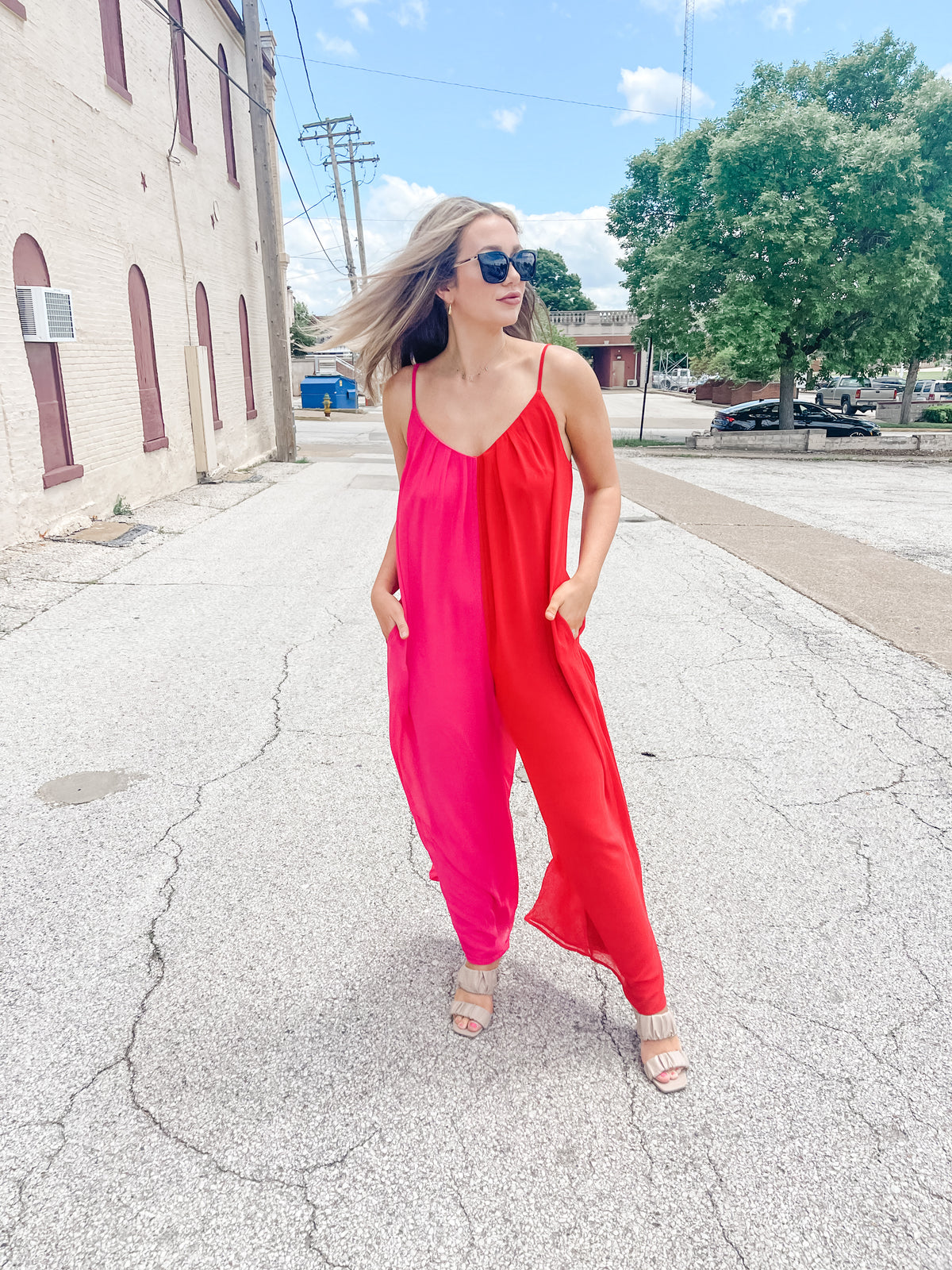 Red & Pink Chiffon Jumpsuit