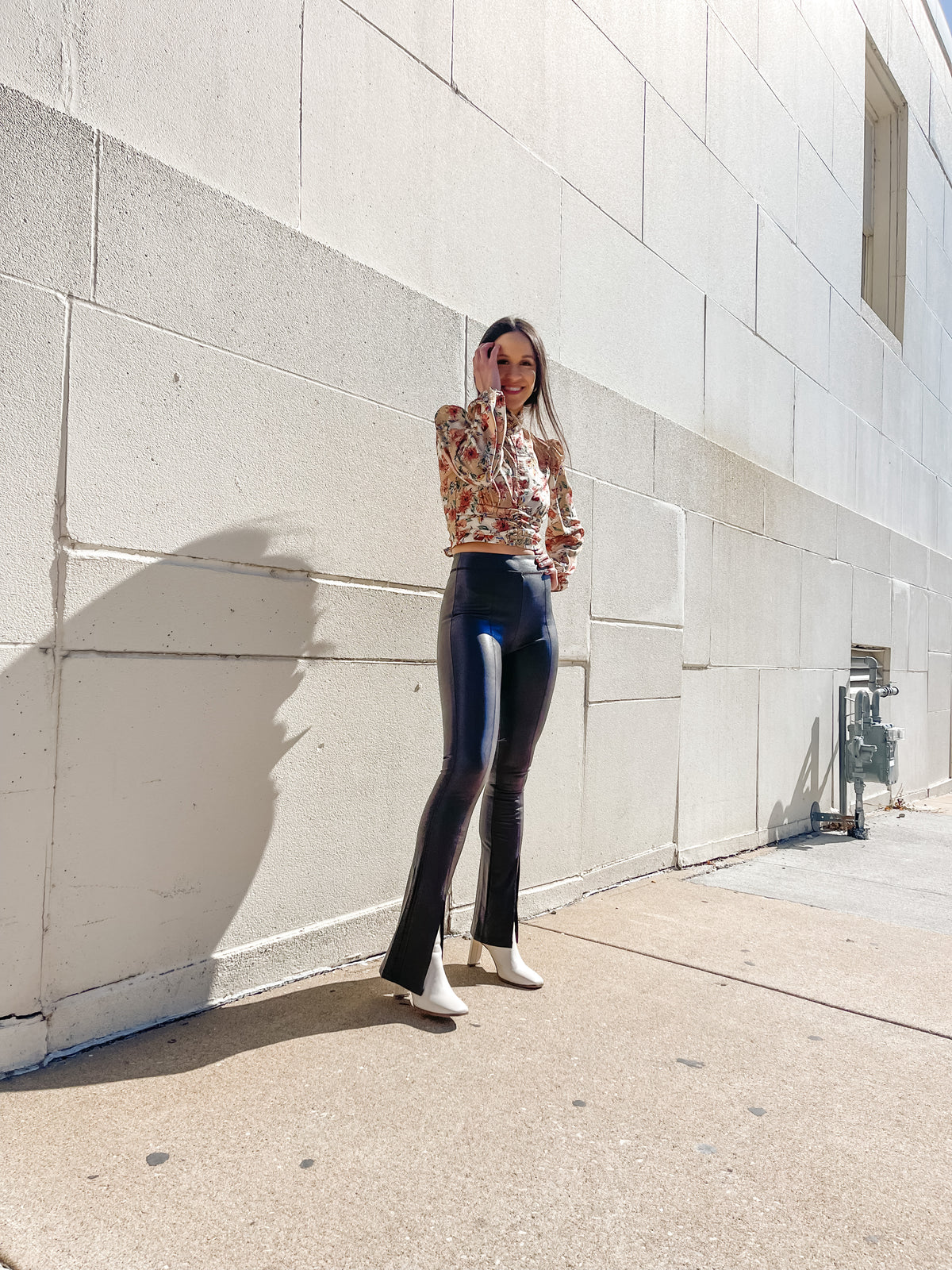 Vegan Leather Split Hem Flare Pants