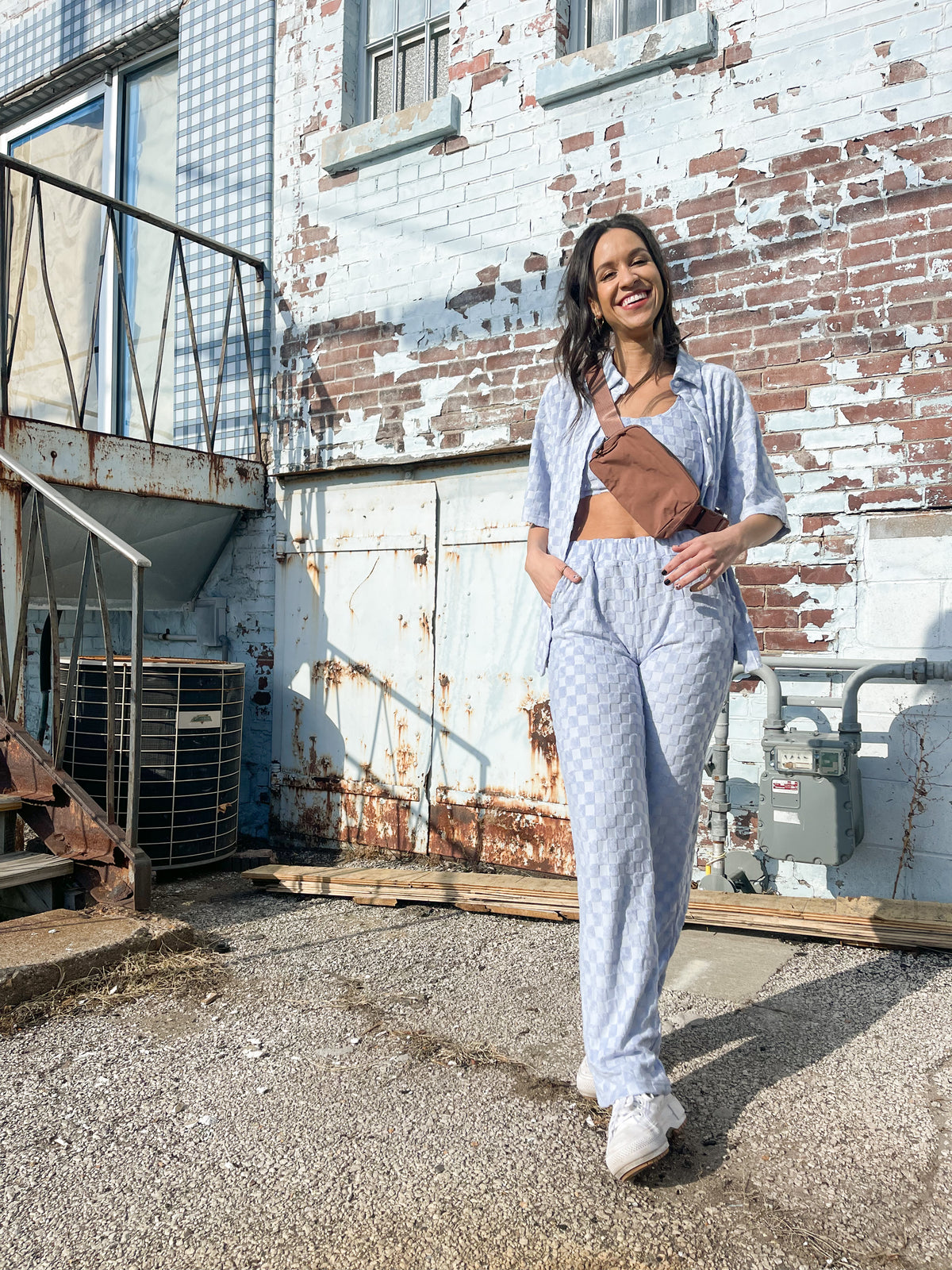 Baby Blue Textured Checked Pants