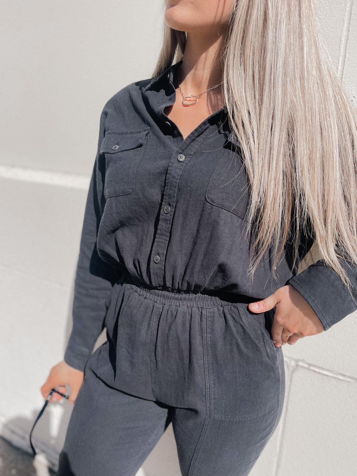 Black Twill Gauze Washed Jumpsuit