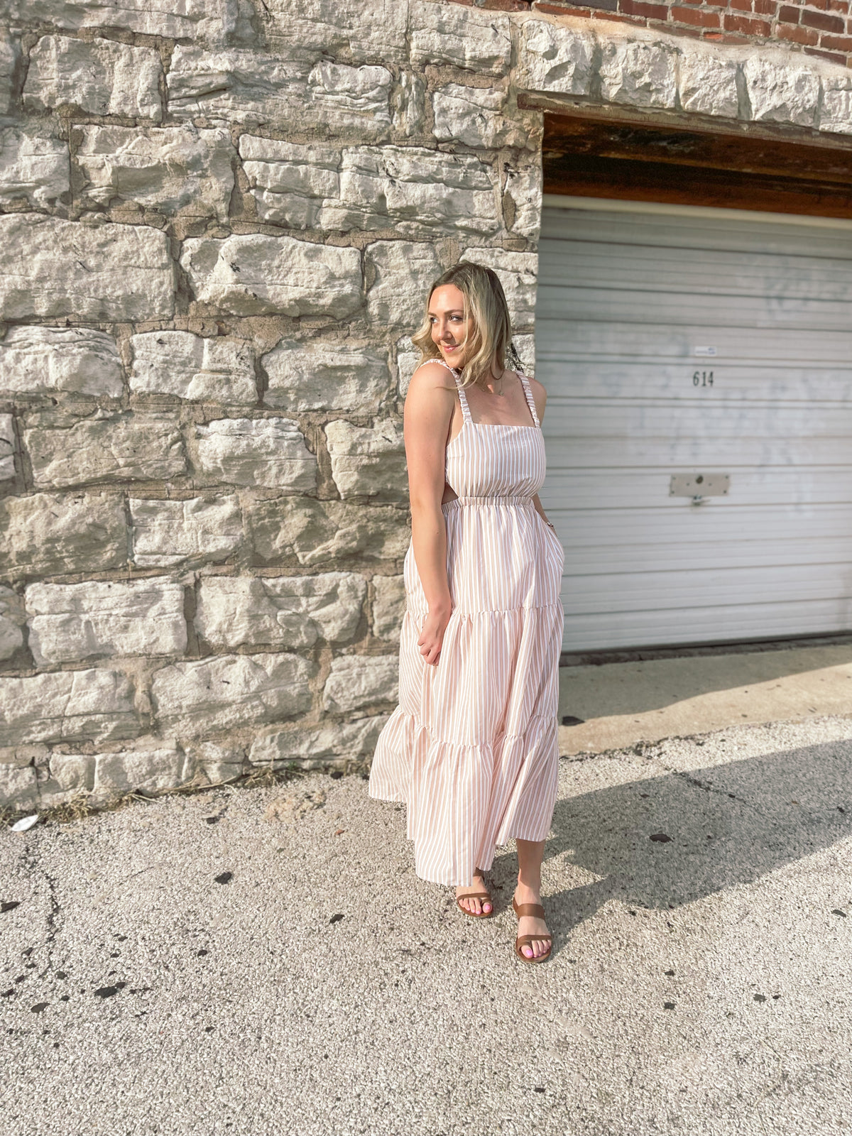 Tan Striped Open Back Maxi Dress