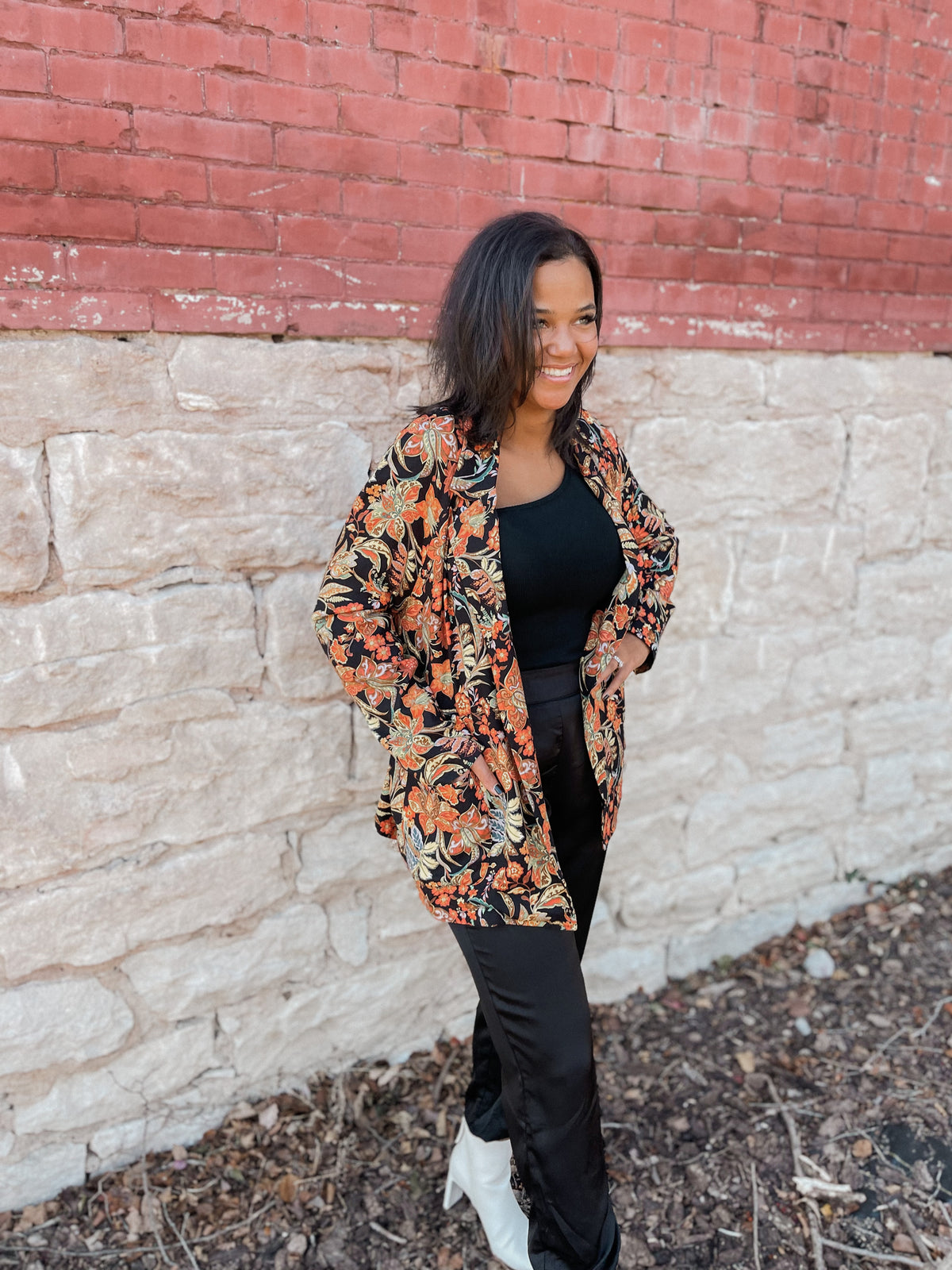 Floral Print Blazer with Waist Tie