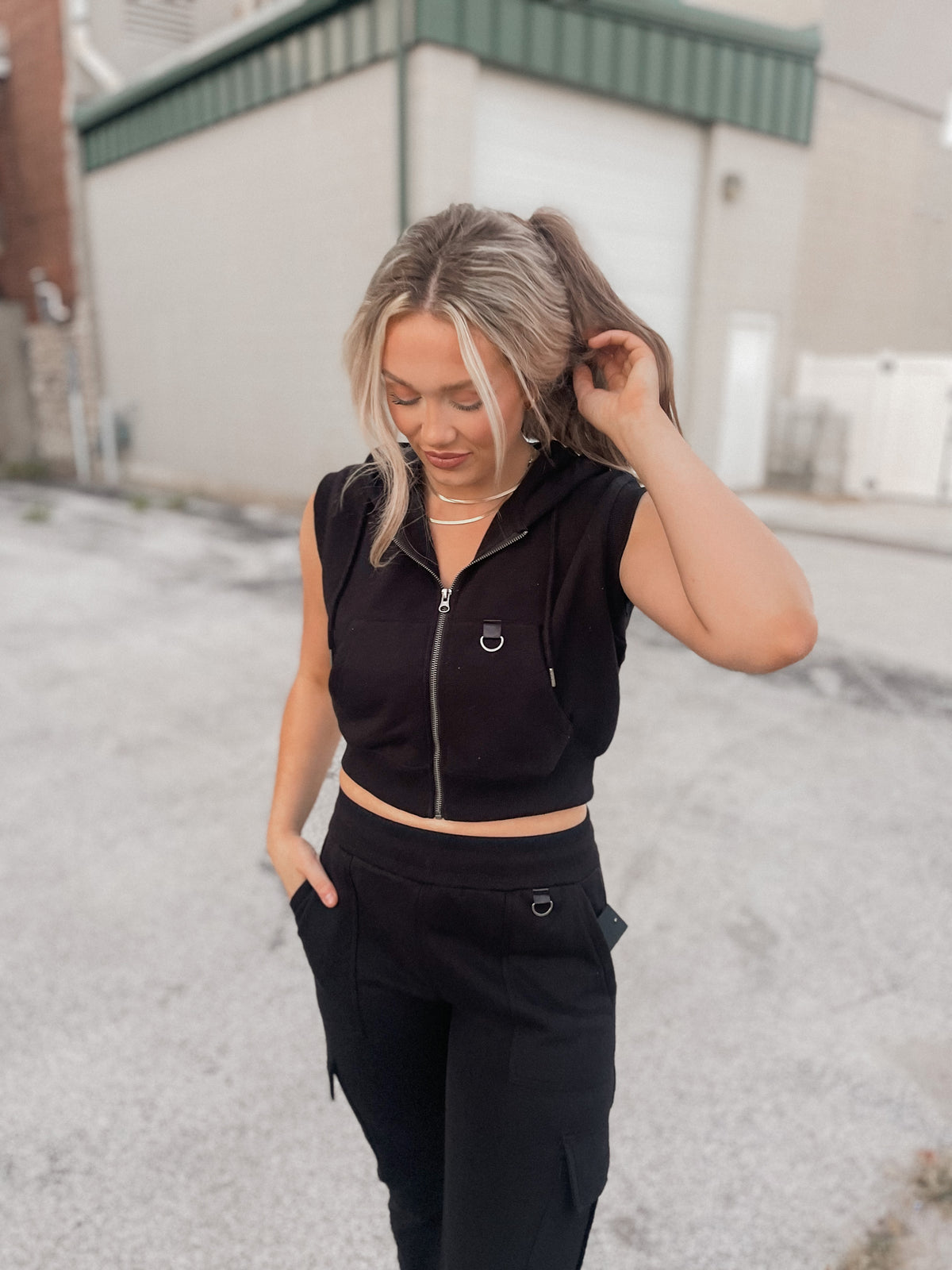 Black Hooded Vest Matching Set