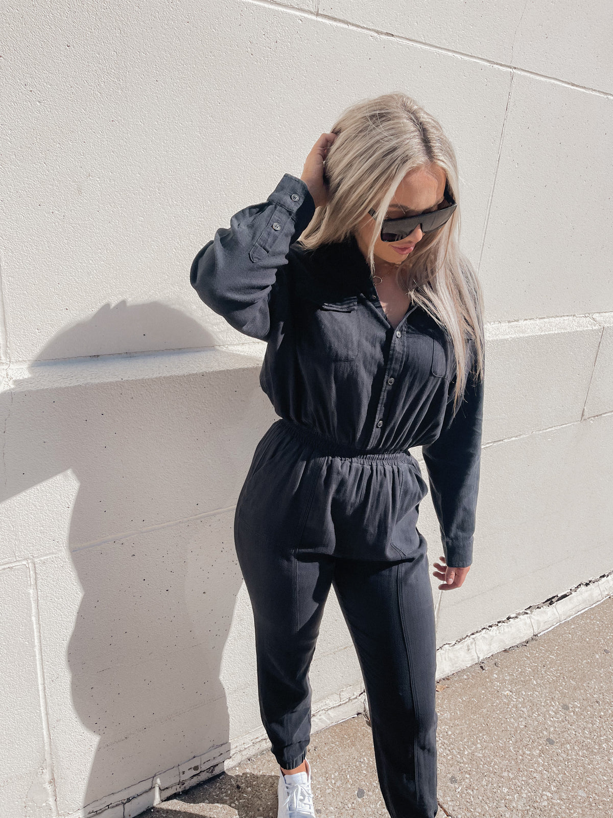 Black Twill Gauze Washed Jumpsuit