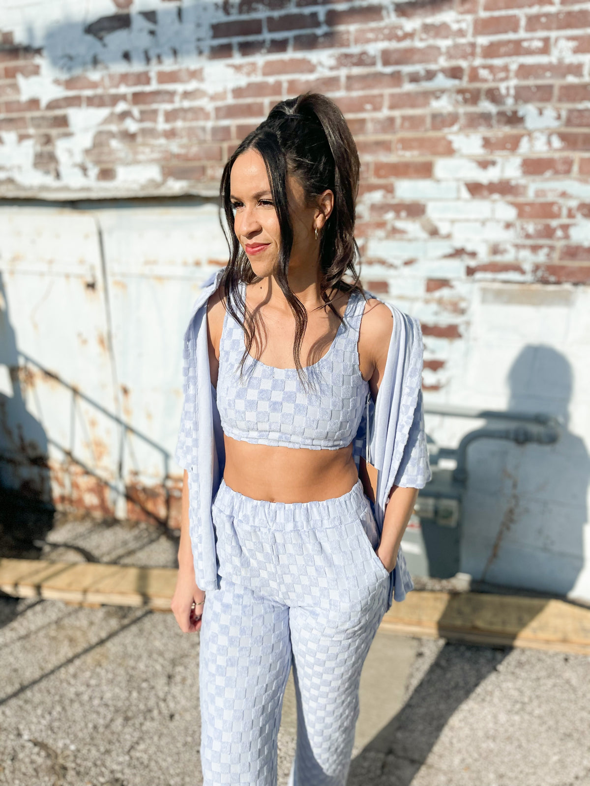 Baby Blue Textured Checked Pants