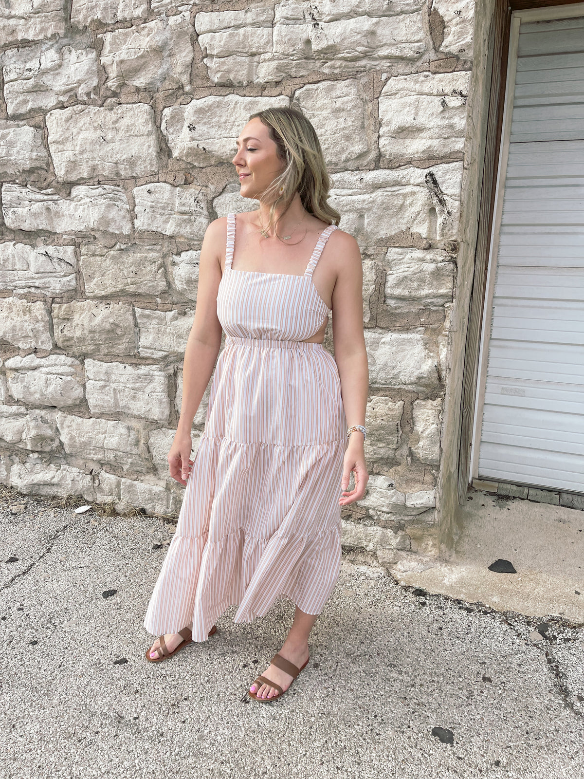 Tan Striped Open Back Maxi Dress