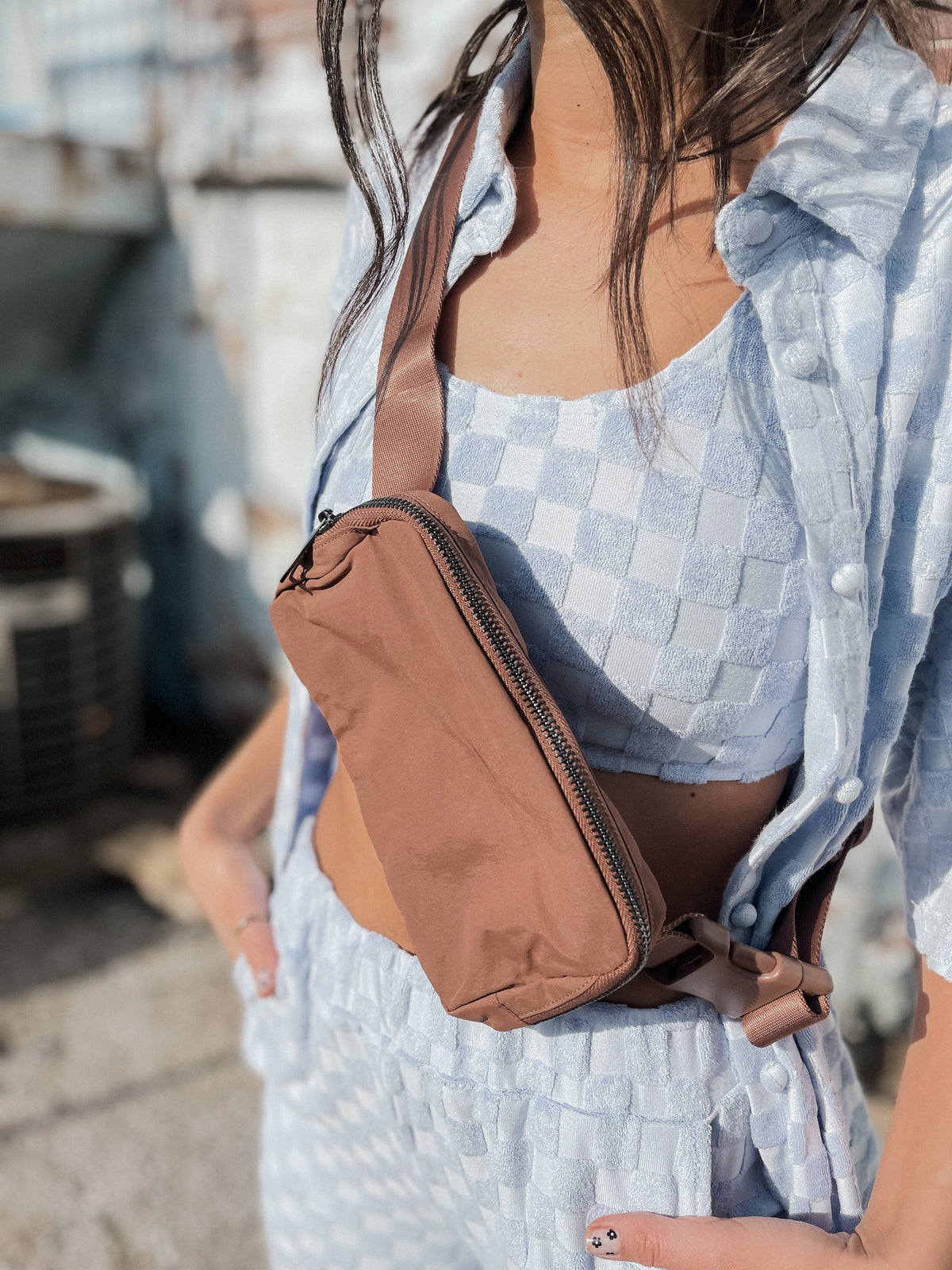 Baby Blue Textured Checked Pants