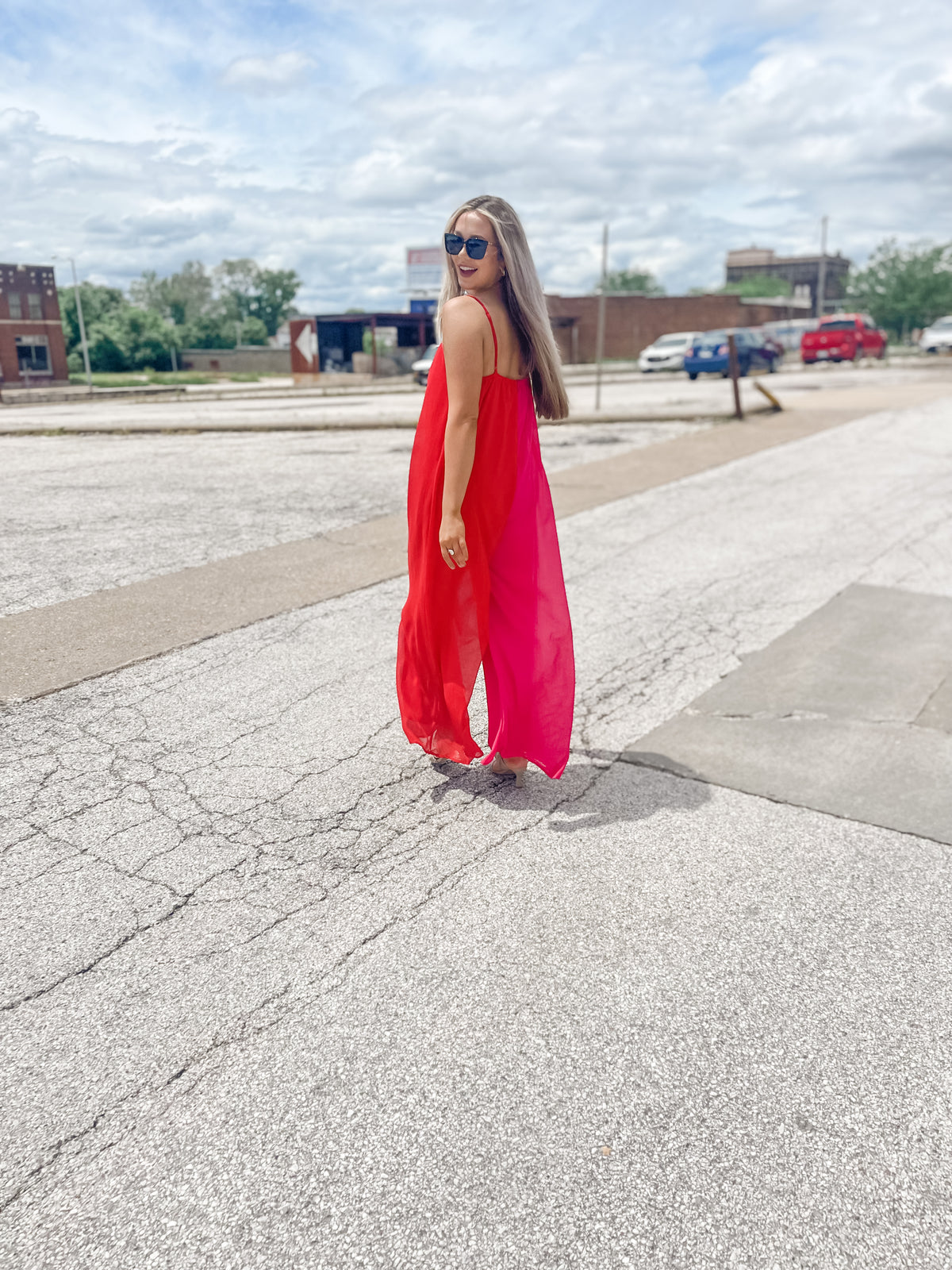 Red & Pink Chiffon Jumpsuit