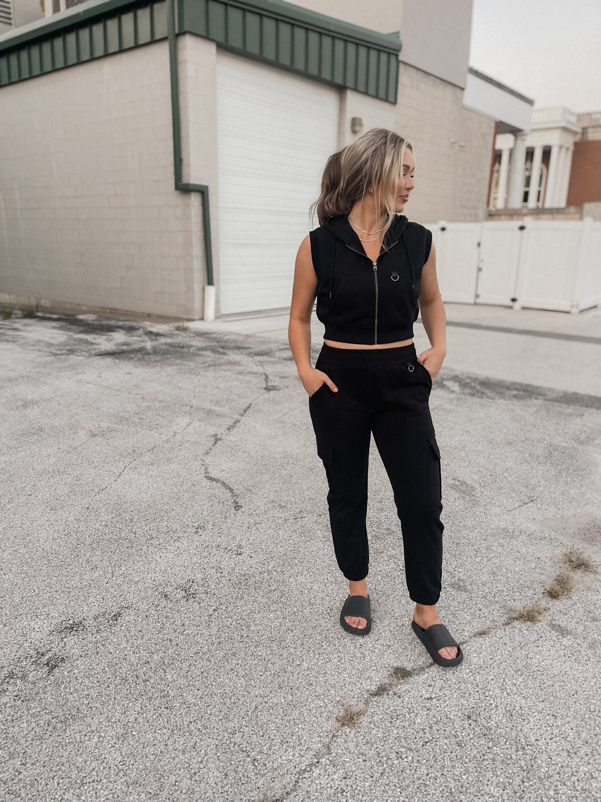 Black Hooded Vest Matching Set