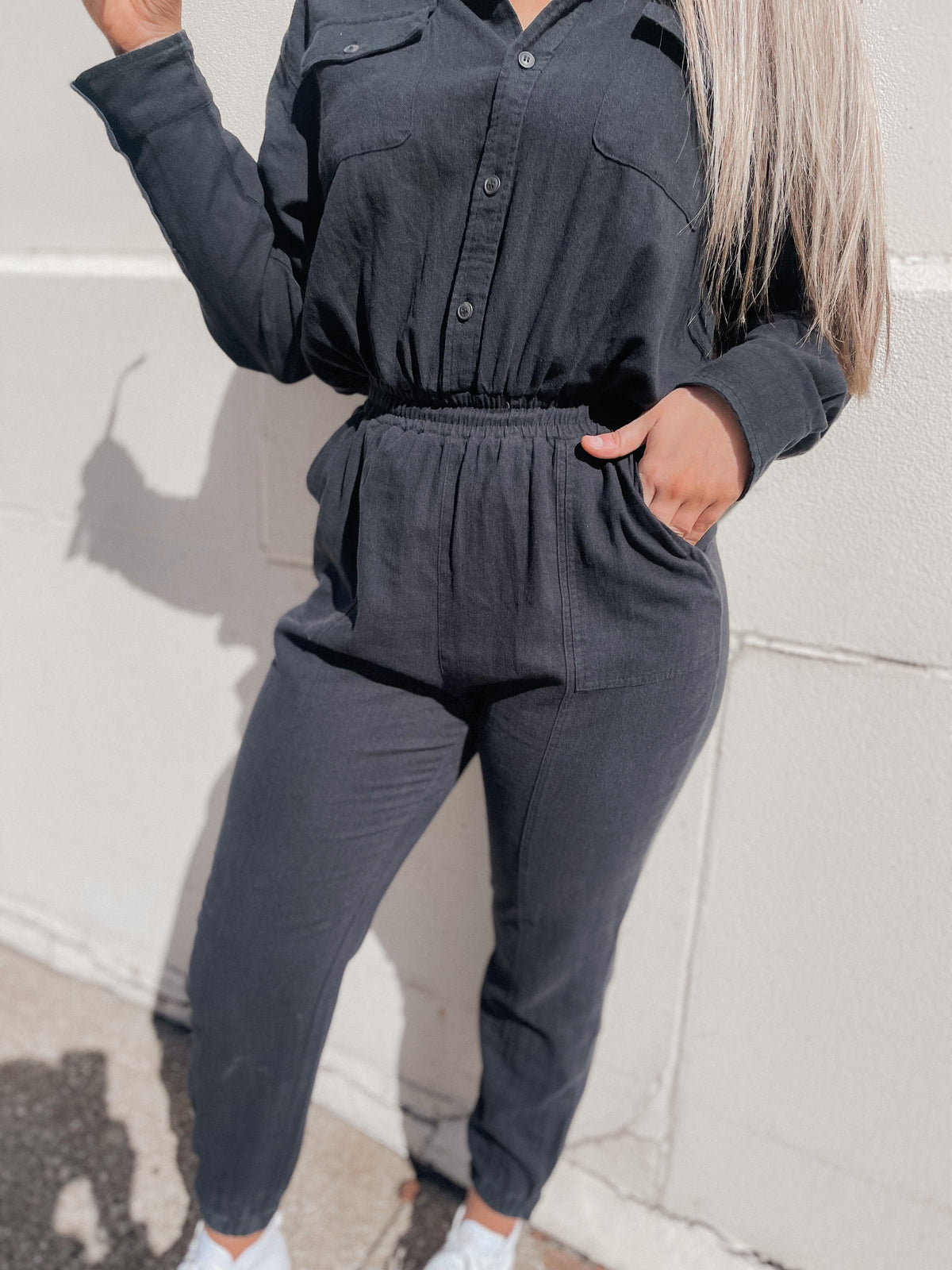 Black Twill Gauze Washed Jumpsuit