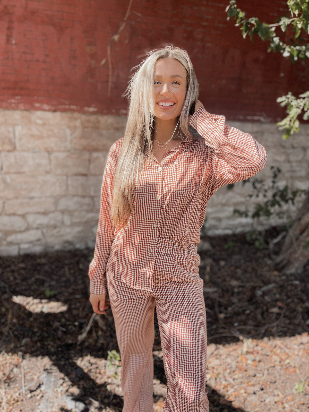 Rust Gingham Print Button Up Top