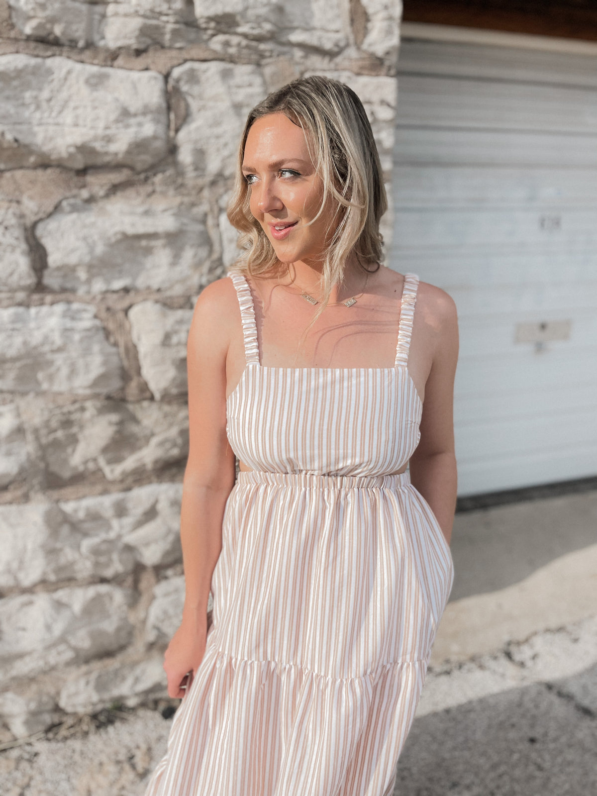 Tan Striped Open Back Maxi Dress