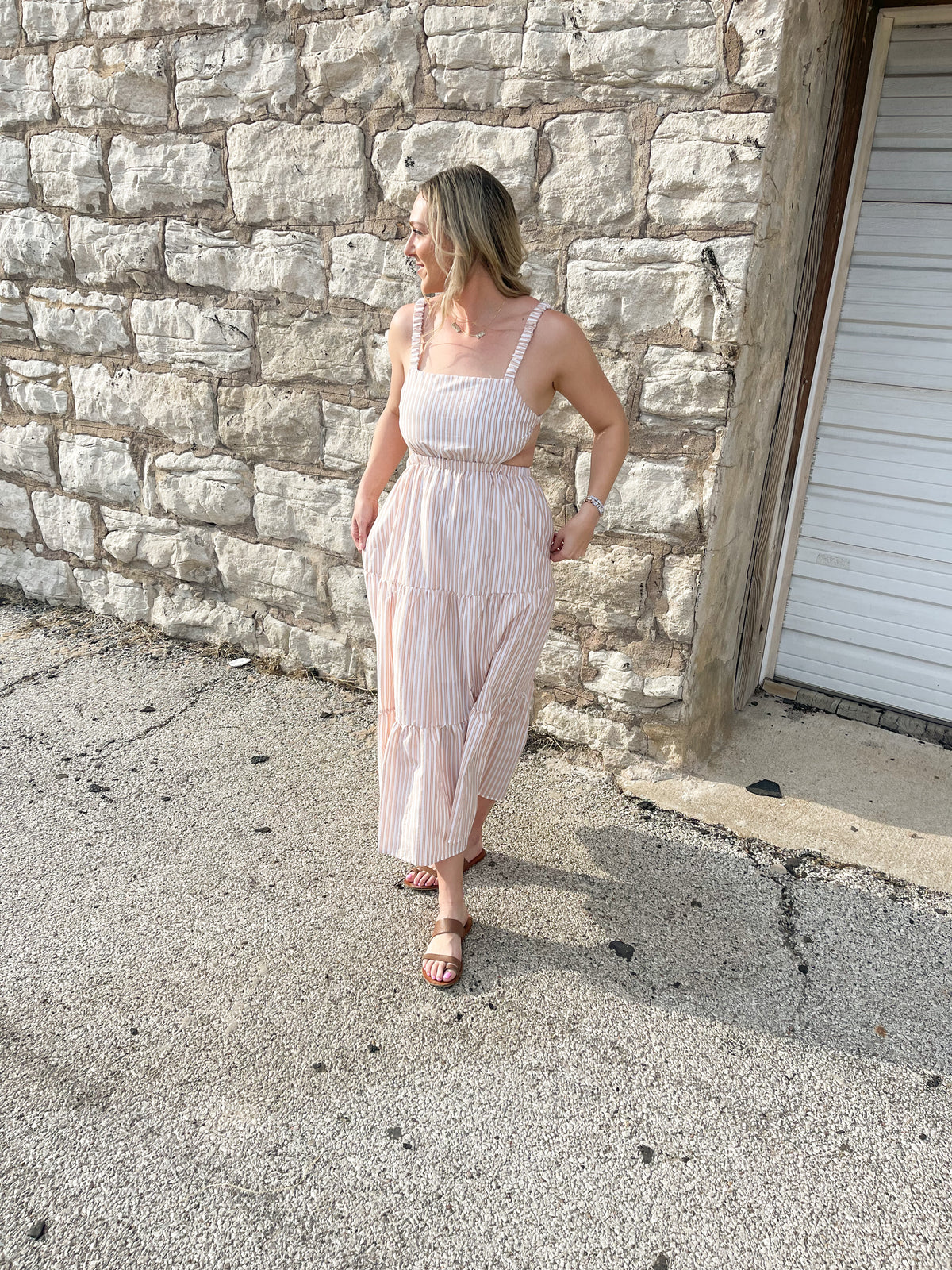 Tan Striped Open Back Maxi Dress