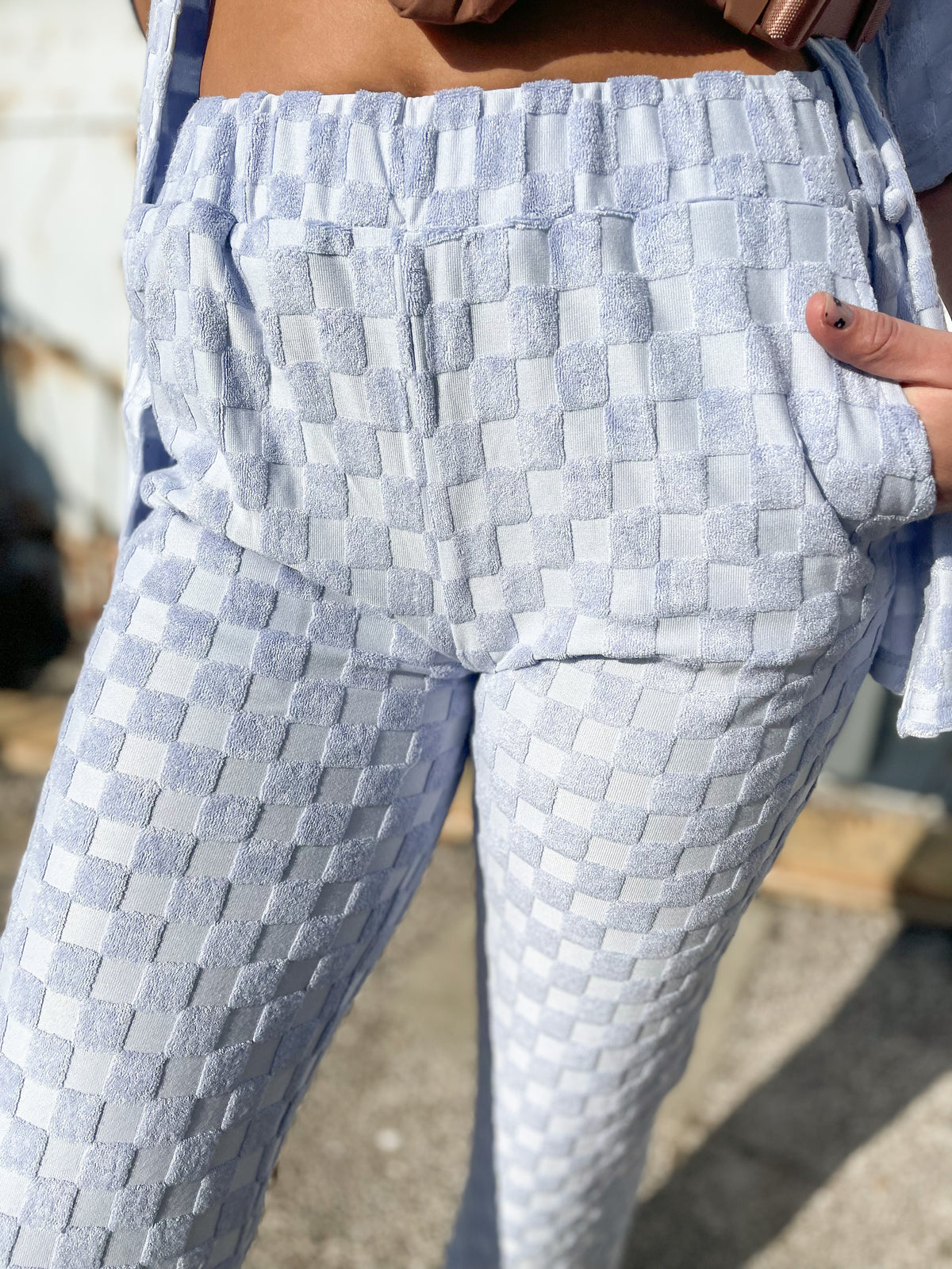 Baby Blue Textured Checked Pants