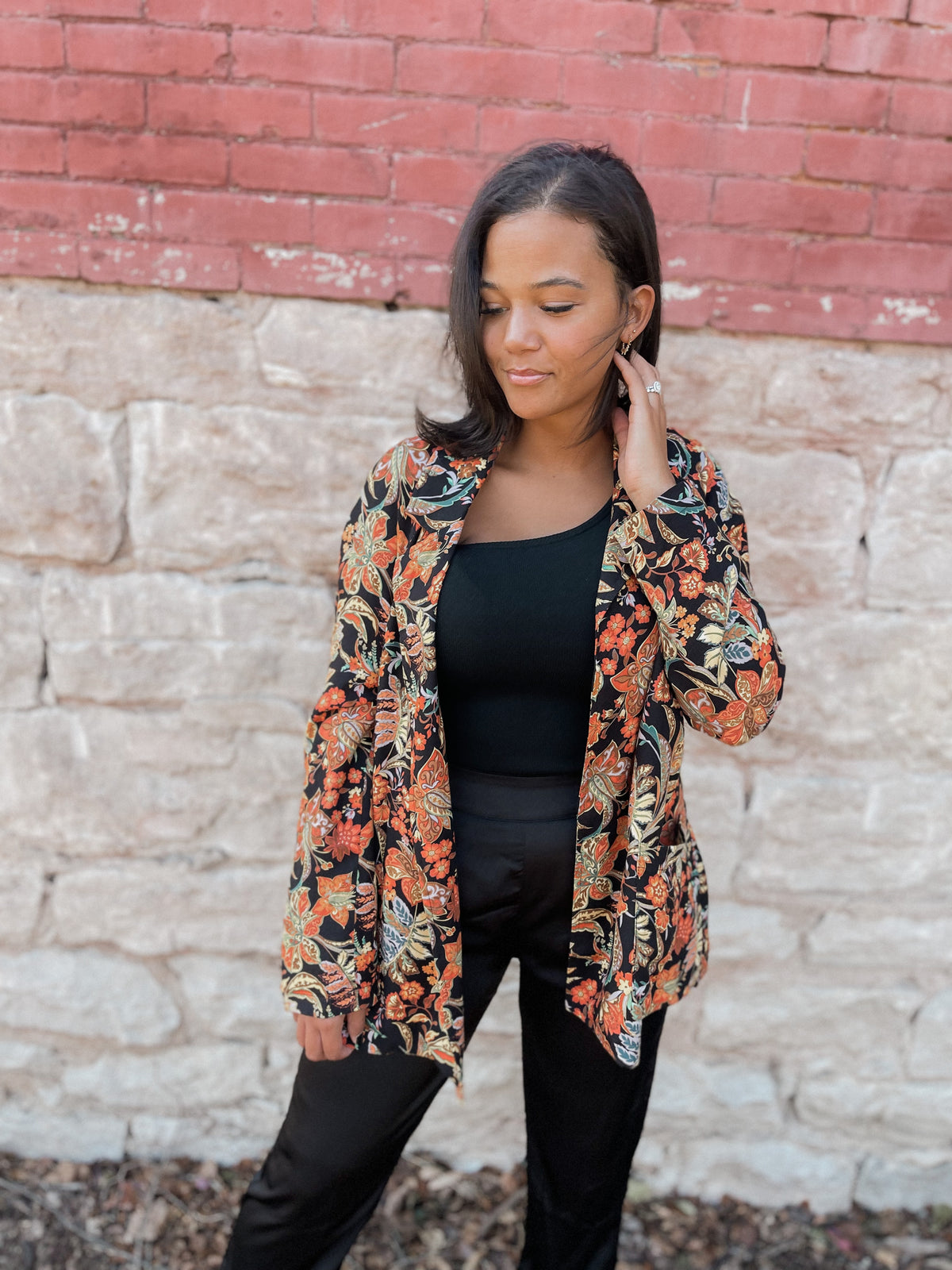 Floral Print Blazer with Waist Tie