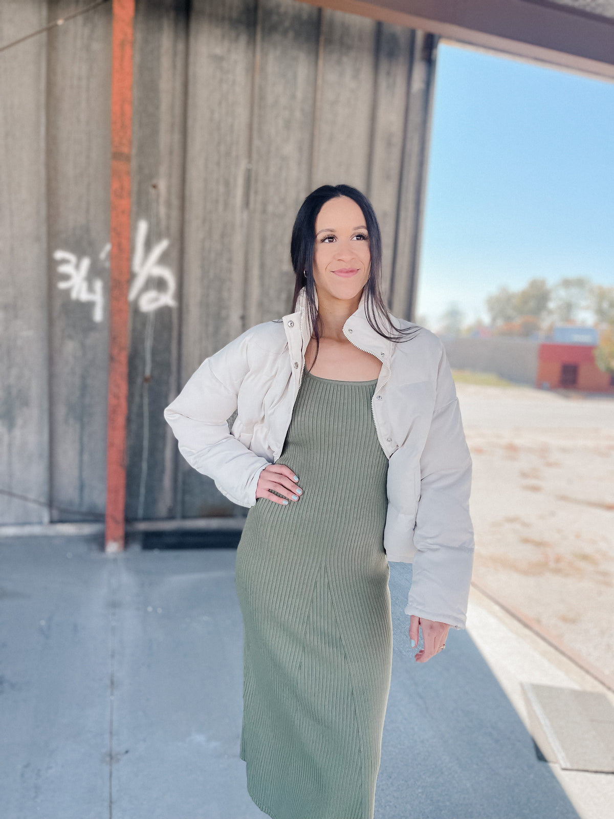 Melia Olive Ribbed Knit Dress