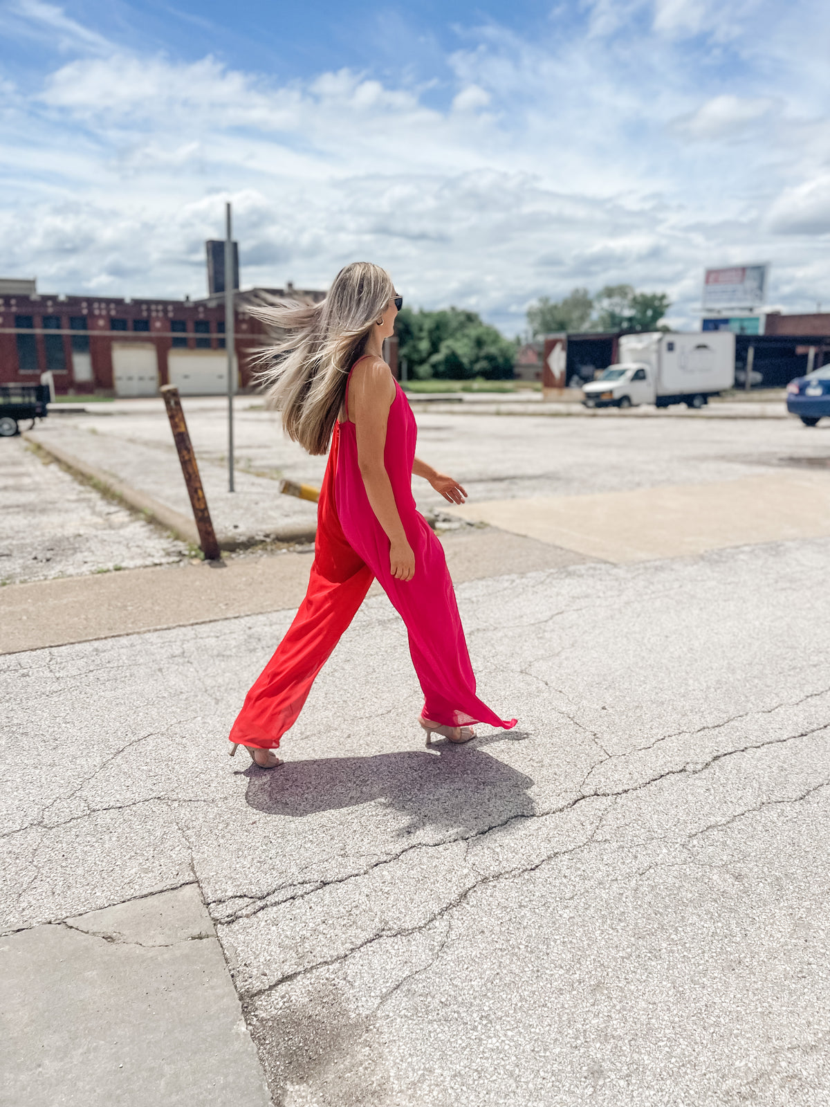 Red & Pink Chiffon Jumpsuit