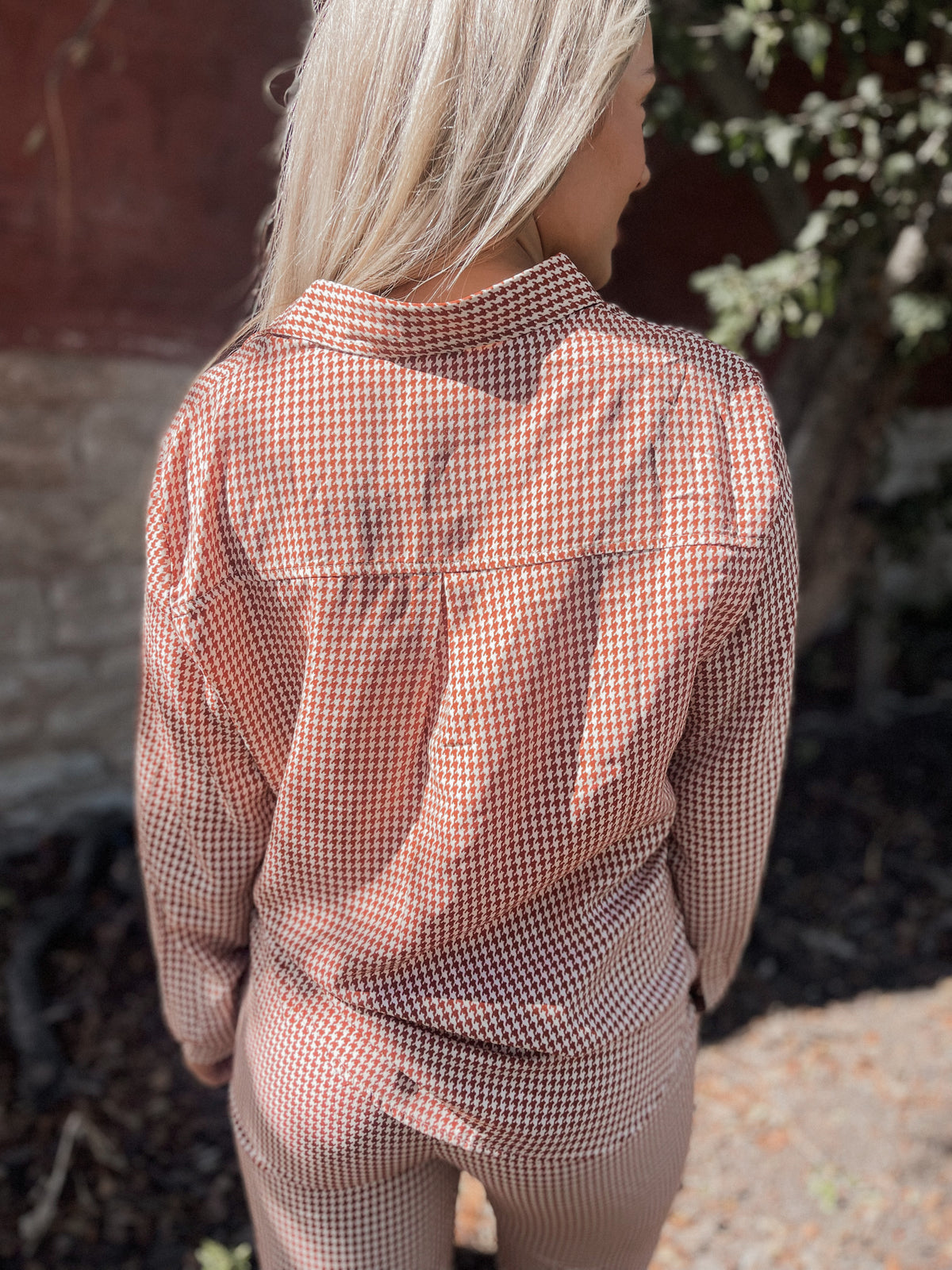 Rust Gingham Print Button Up Top