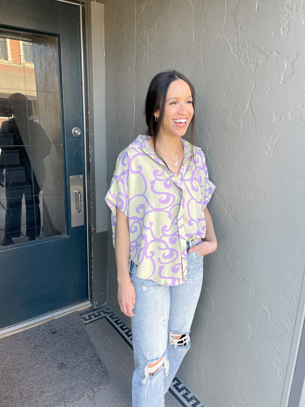 Dolman Short Sleeve Abstract Print Blouse