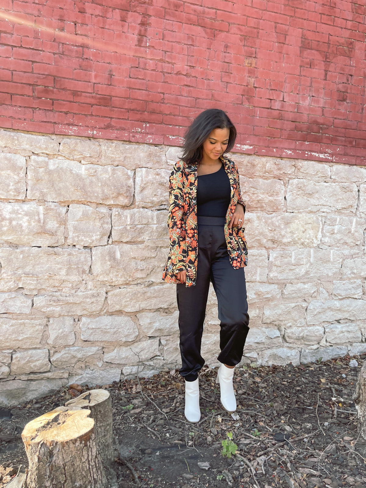 Floral Print Blazer with Waist Tie
