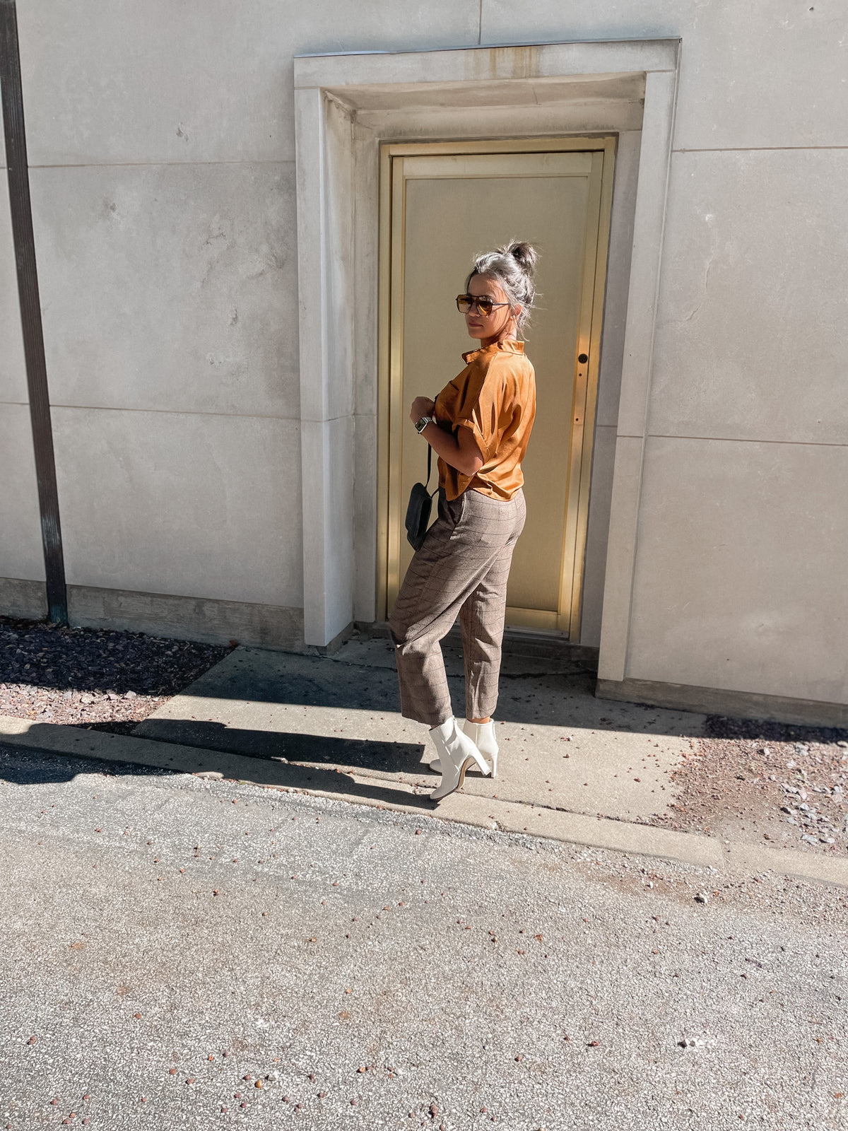 Brown Plaid Cropped Pants