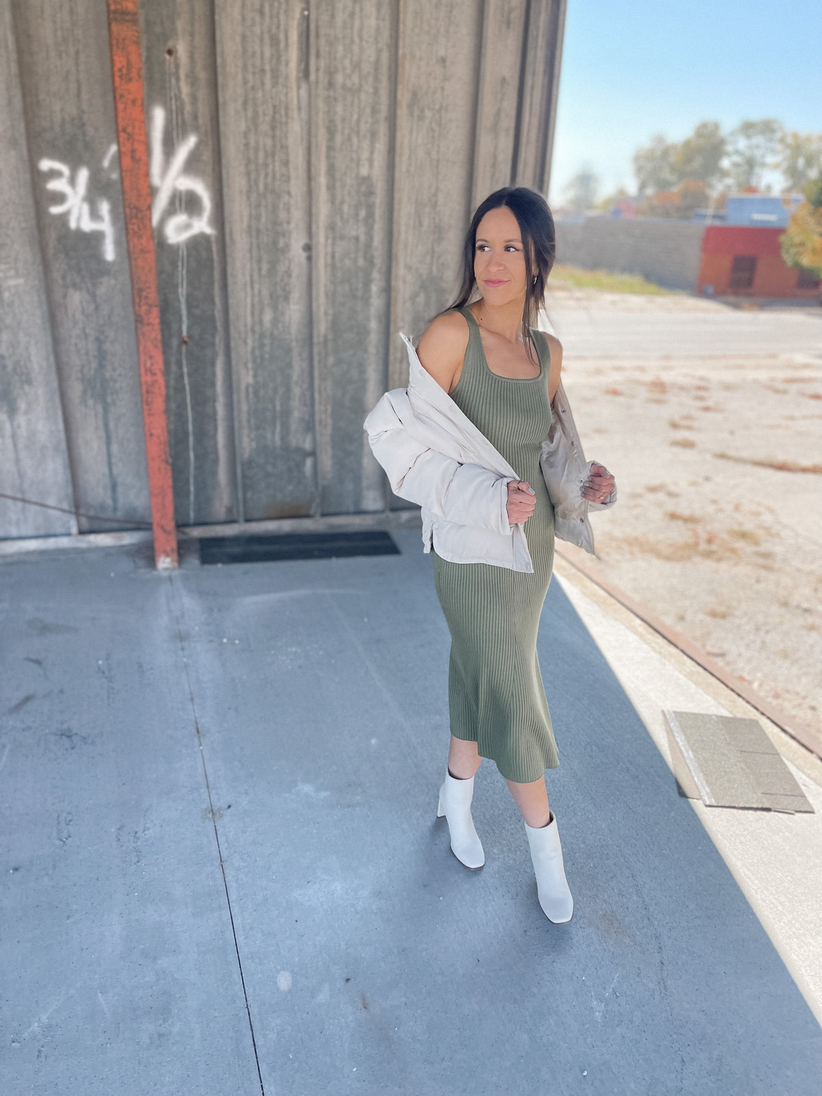 Melia Olive Ribbed Knit Dress
