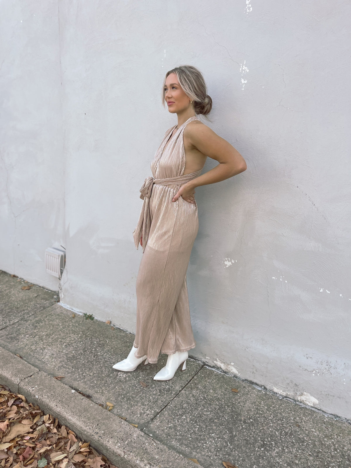 Wide Leg Foil Pleated Jumpsuit
